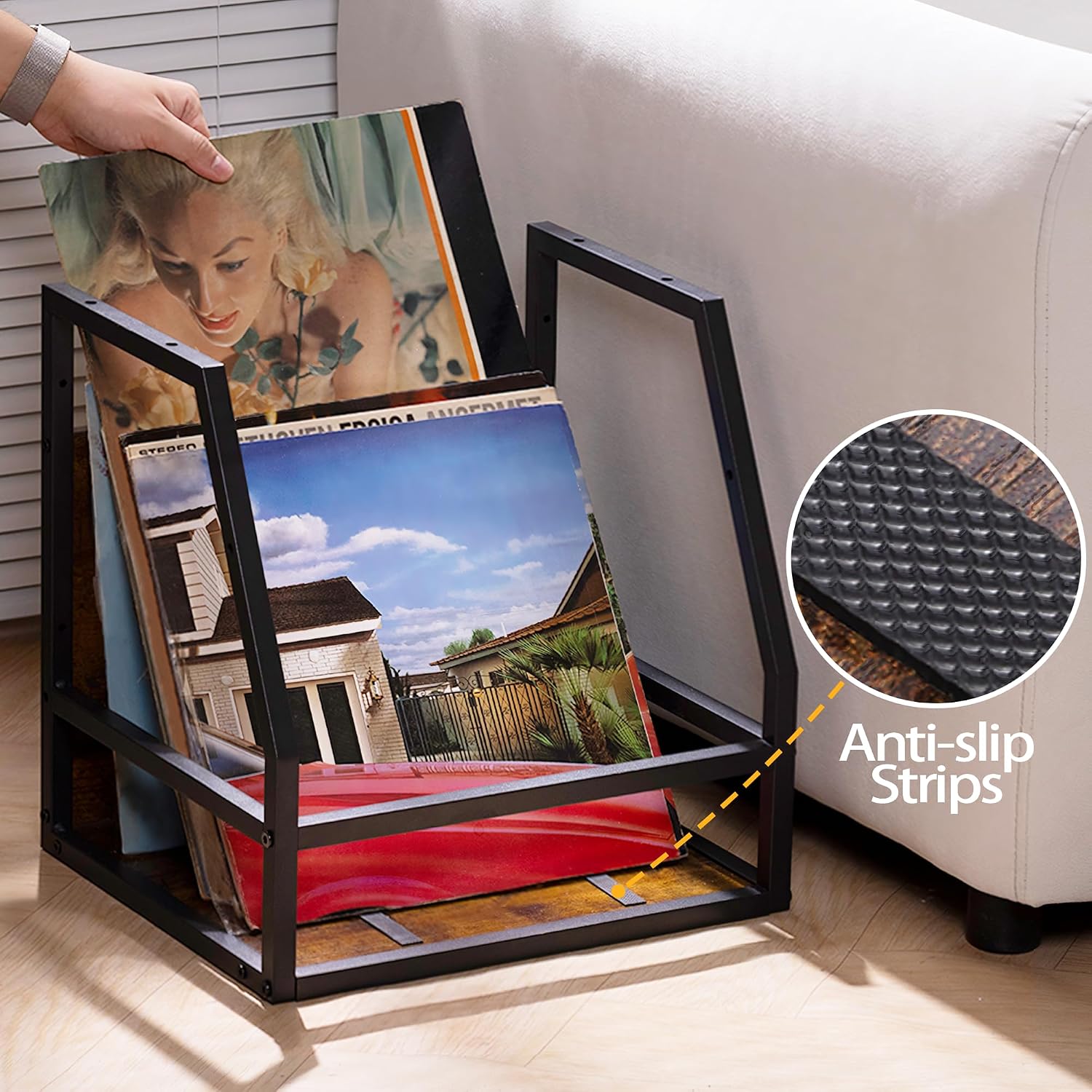 Detalle de HFHOME 2 In 1 Vinyl Record Storage Crate – Wall Mount or Desktop Metal Album Organizer