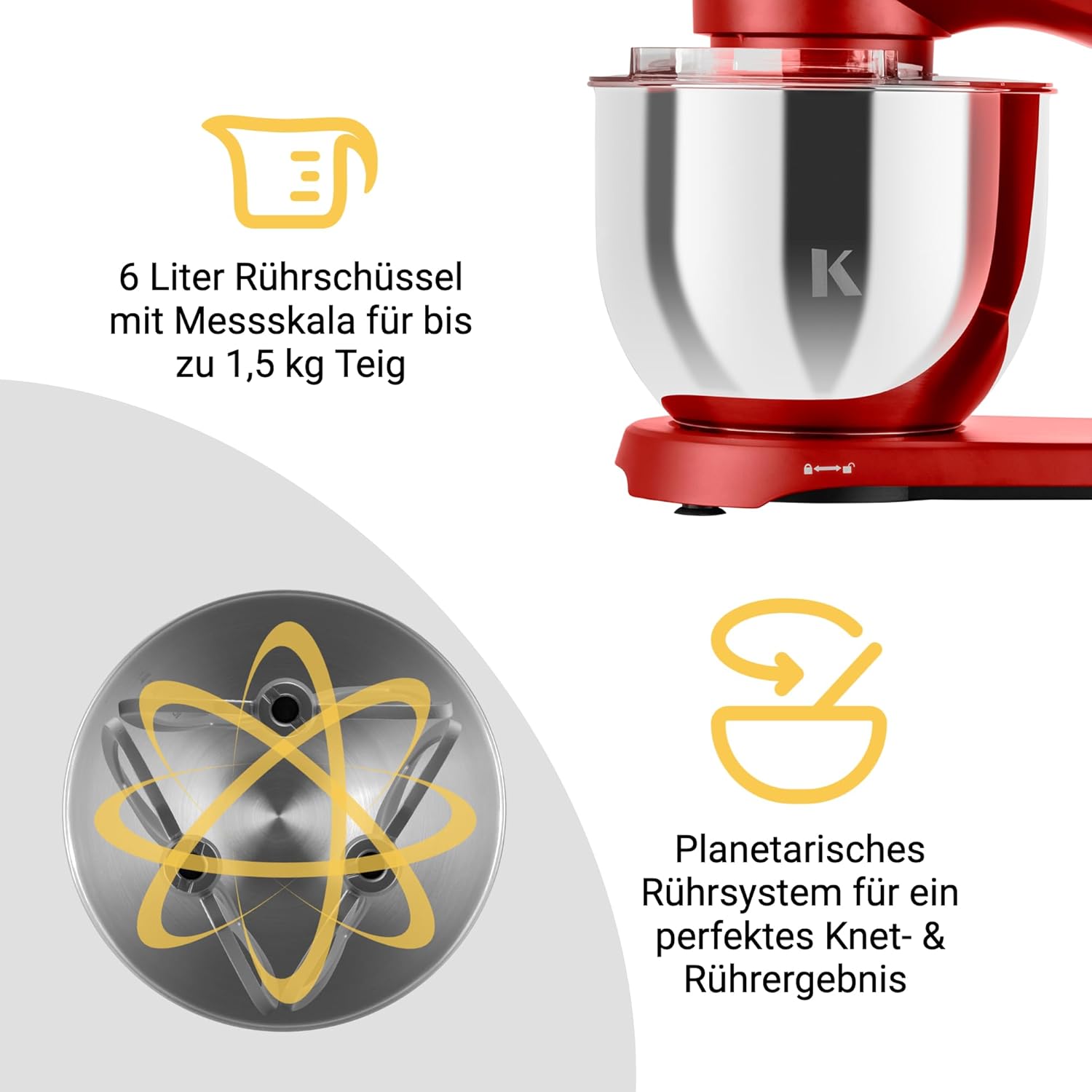 Thumbnail 6 de KLAMER Küchenmaschine 1800W – Knetmaschine für Brotteig mit 6-Liter-Edelstahl-Schüssel, Planetenrührwerk & Timer