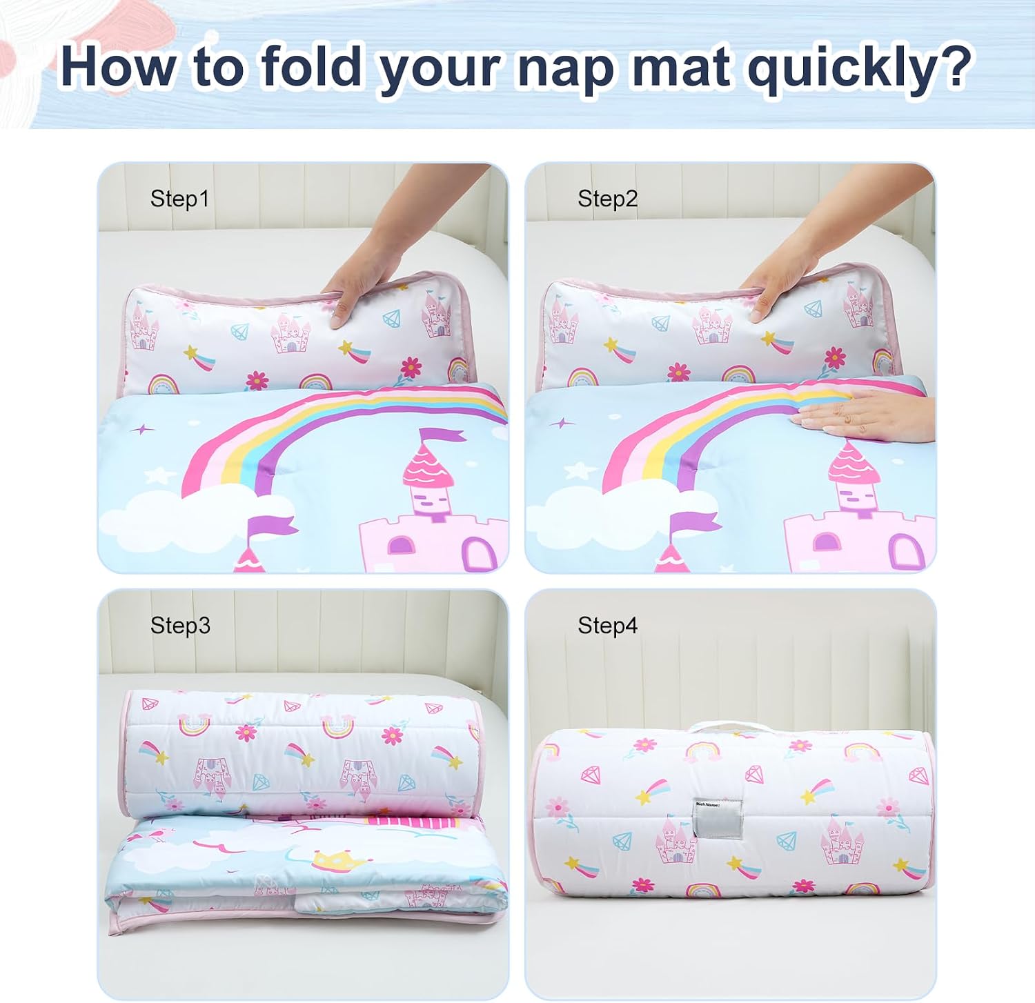 Detalle 2 de PHF Toddler Nap Mat with Removable Pillow, Roll-Up Design, Castle, 50" x 20