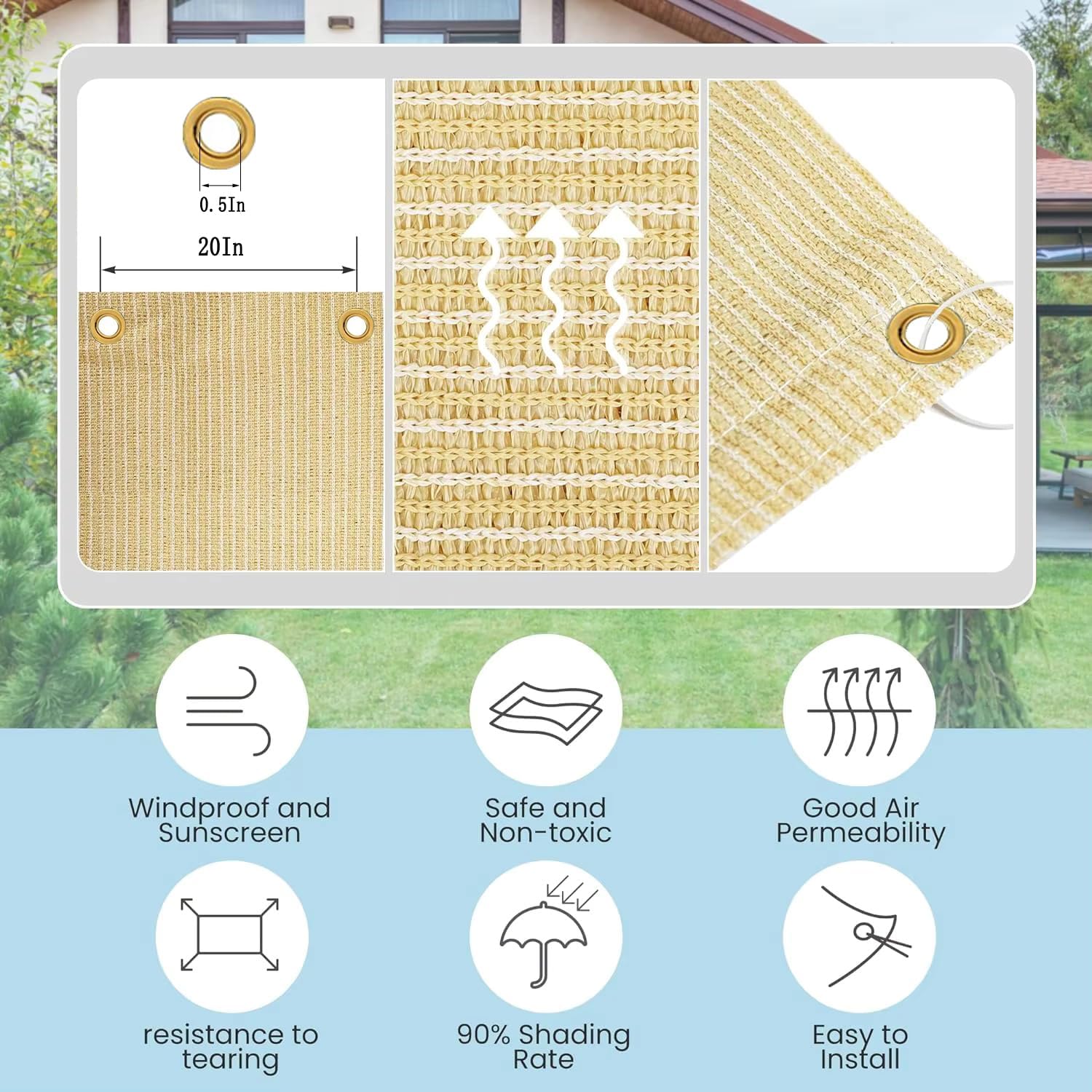Detalle de Vocray 90% Sun Shades for Patio: 3.5x6 m Beige Breathable UV Blocking Shade Cloth