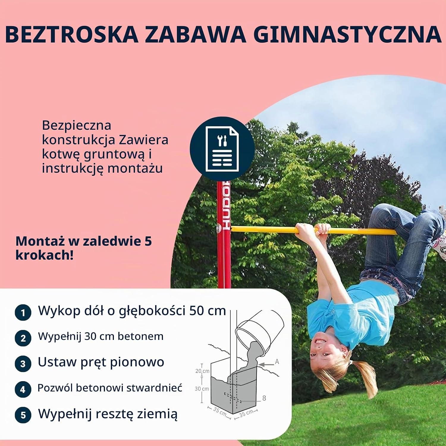 Detalle de HUDORA Fabian 64002 – podwójny drążek gimnastyczny do ogrodu, regulacja wysokości