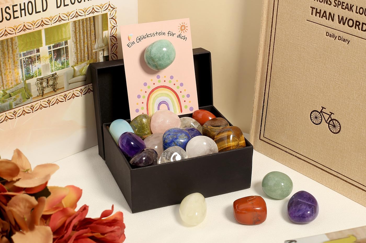 Detalle de XIANNVXI Glücksstein Mitbringsel – 10 bunte Trommelstein Glückssteine mit Karten, Kleber und Geschenkbox
