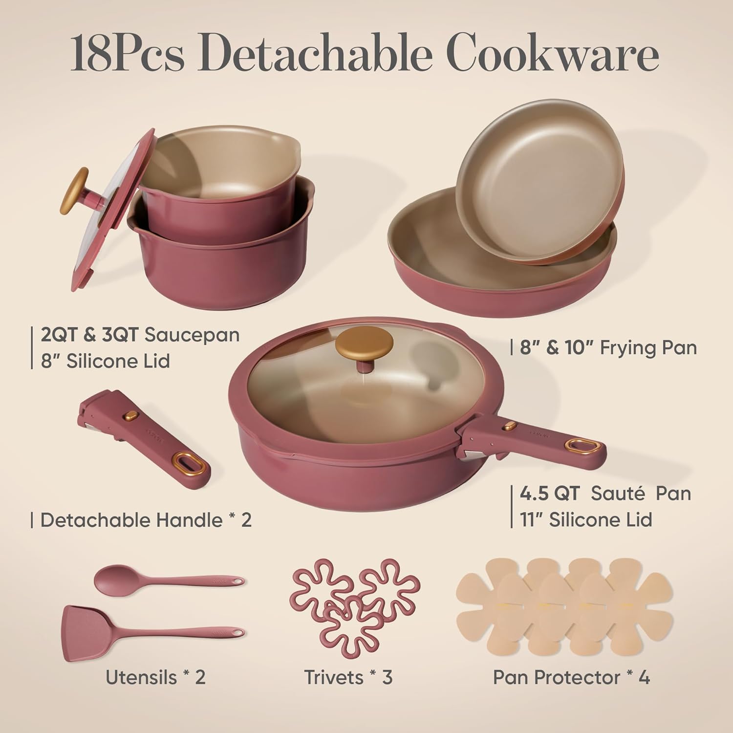 Thumbnail 1 de CAROTE 18-Piece Pots and Pans Set with Titanium Reinforced Nonstick & Detachable Handles (Red)