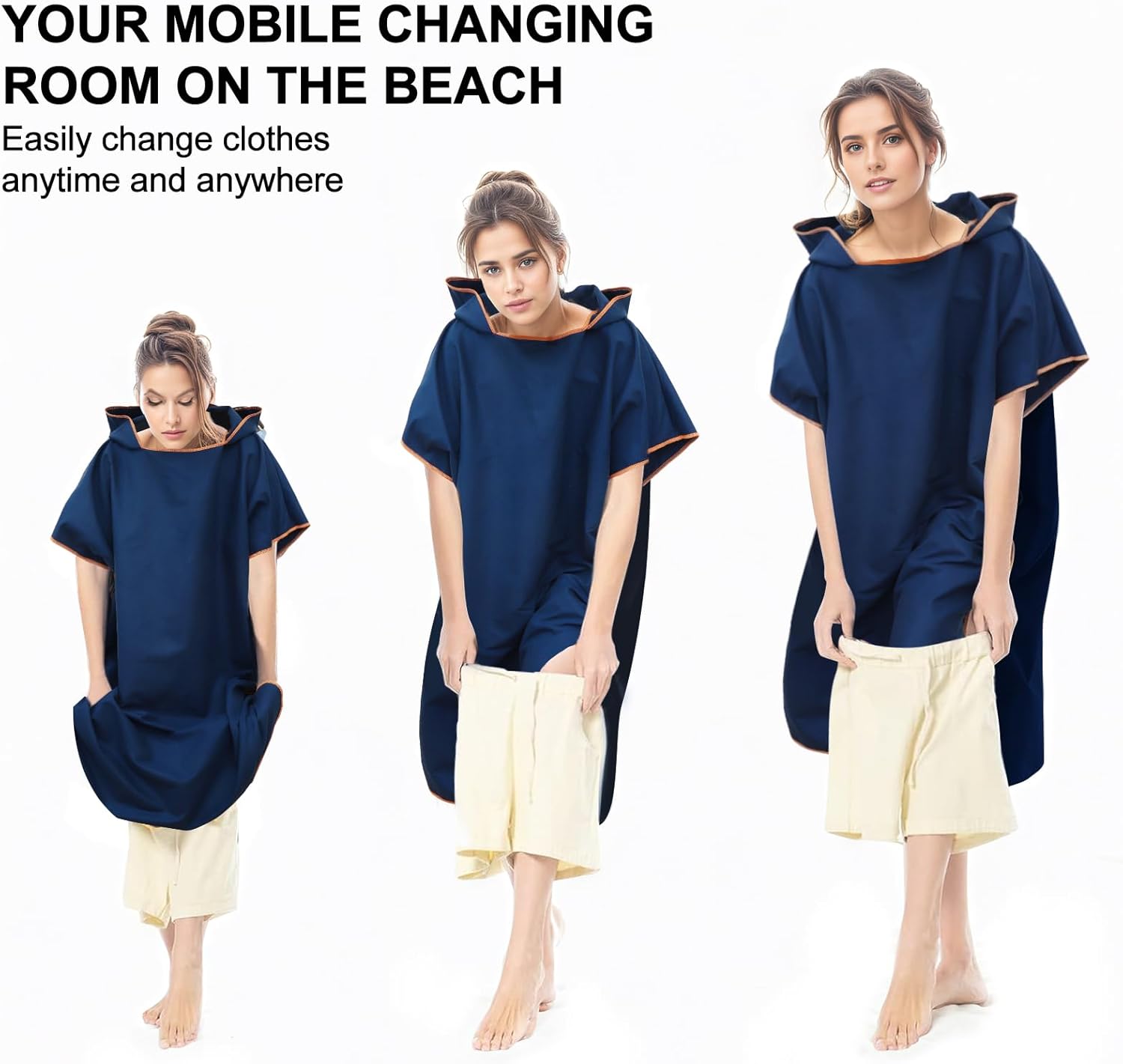 Detalle 2 de Poncho da bagno in microfibra per uomo e donna – 110x90 cm, asciugamano poncho blu scuro