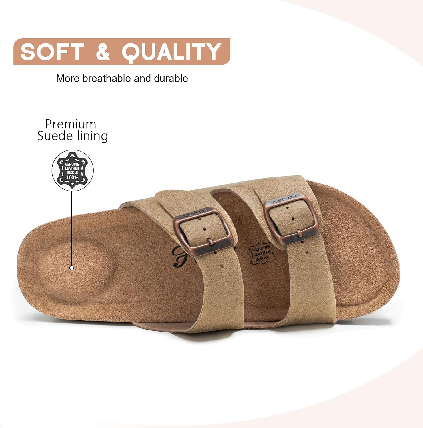 Detalle de FITORY Damen Pantoletten mit Kork-Fußbett – Verstellbare Riemen, Leder, bequeme Sommerschlappen