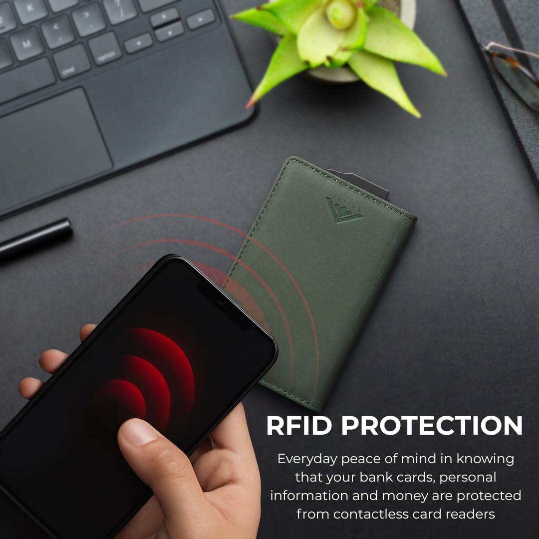 Thumbnail 3 de Stealth Wallet RFID Card Holder Wallet – Smart Minimalist Pop Up Slim Aluminium & Green Leather