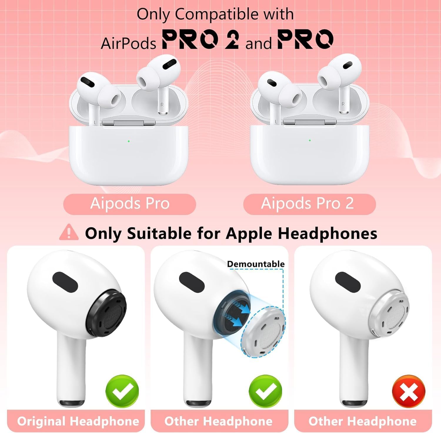 Detalle de Inesore 4 Pairs Replacement Ear Tips for AirPods Pro 2nd/1st Gen (Black) with Noise Reduction Holes, Dust Guard, and Cleaning Pen