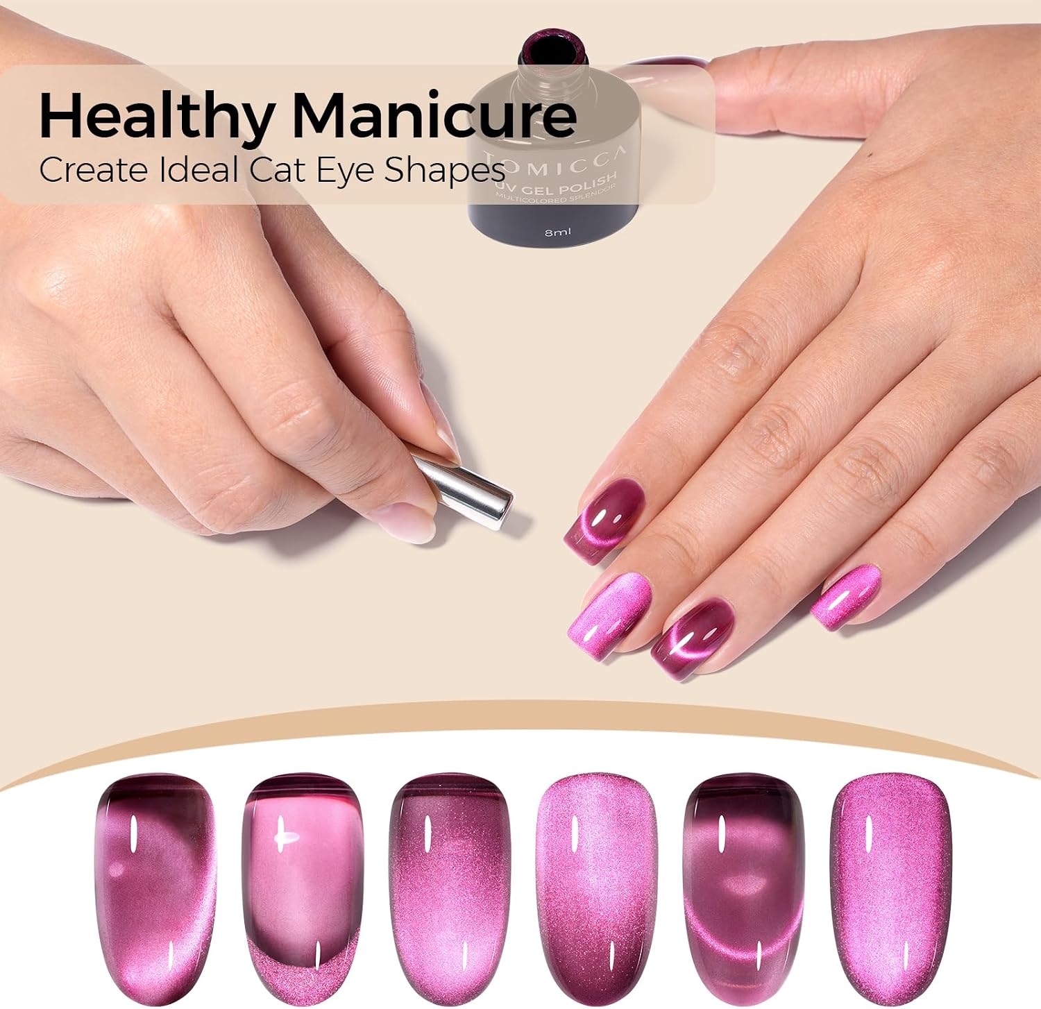 Detalle de TOMICCA Cat Eye Gel Nail Polish – Kit 6 couleurs Violet / Bleu profond, effet verre cristal magnétique, 8ml