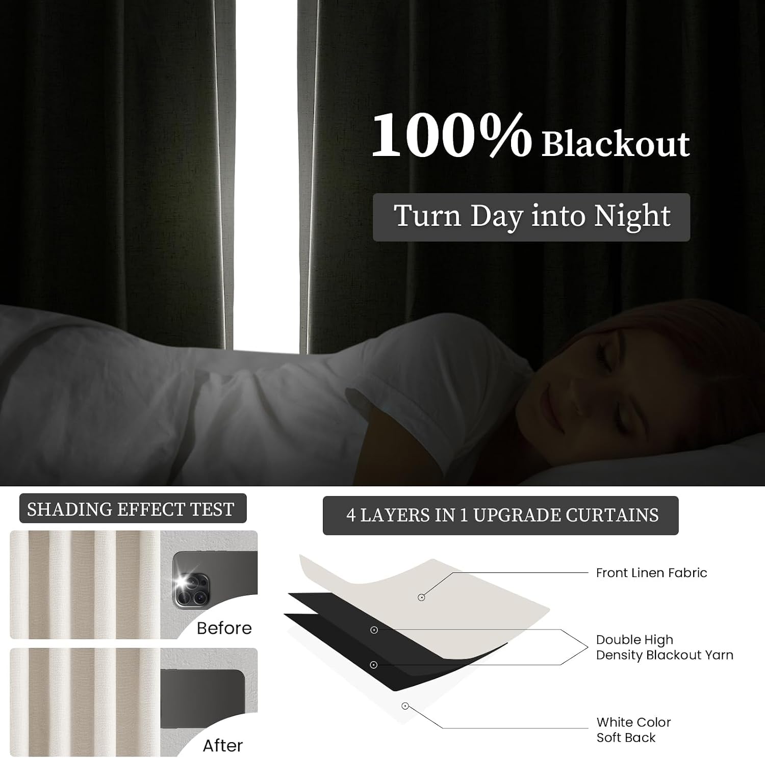 Detalle 2 de Drapenova Blackout Curtains, Linen-Blend Grommet Panels, 52W x 102L