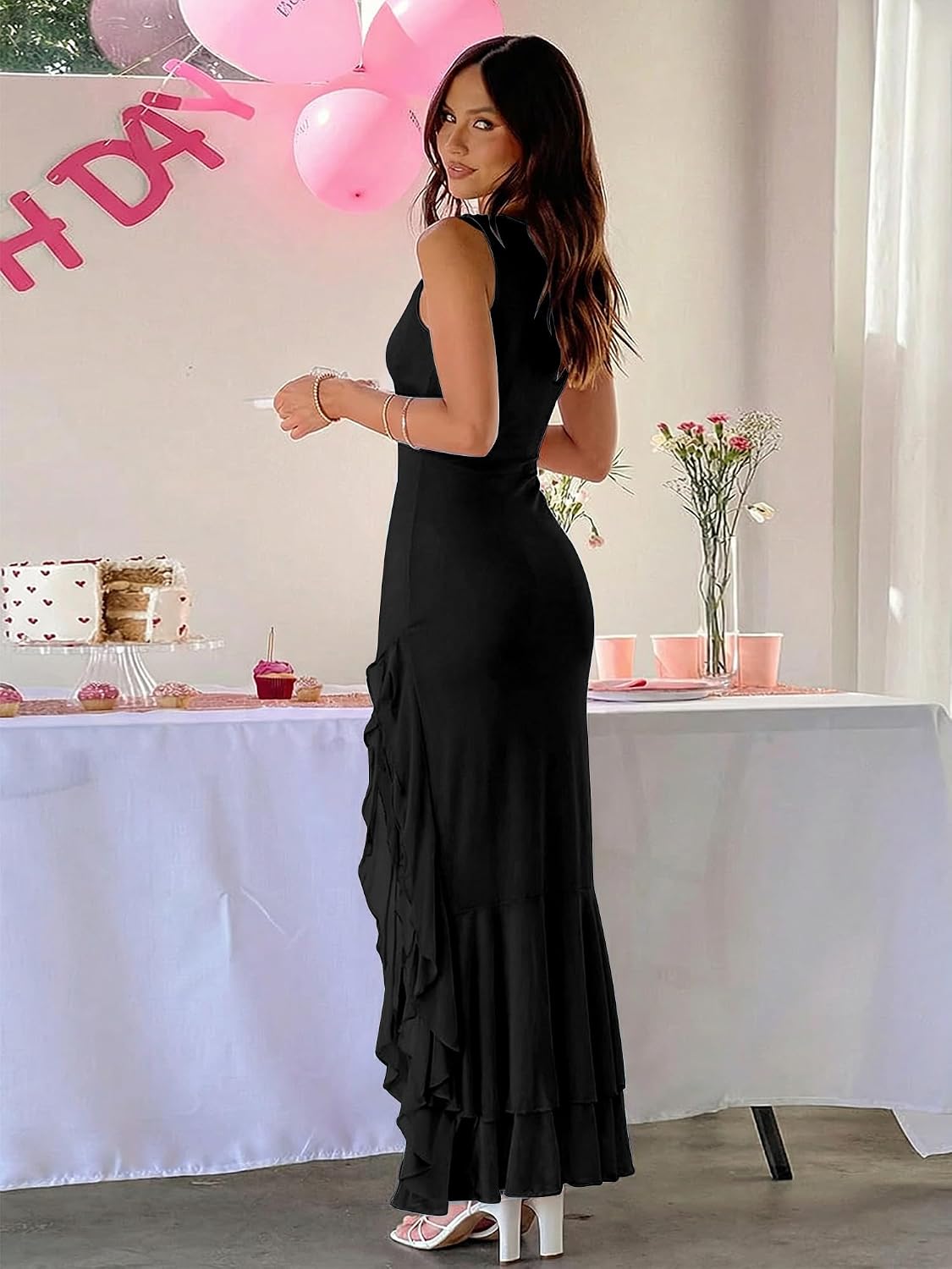 Detalle de BORIFLORS Women's Elegant Bodycon Ruched Maxi Cocktail Dress