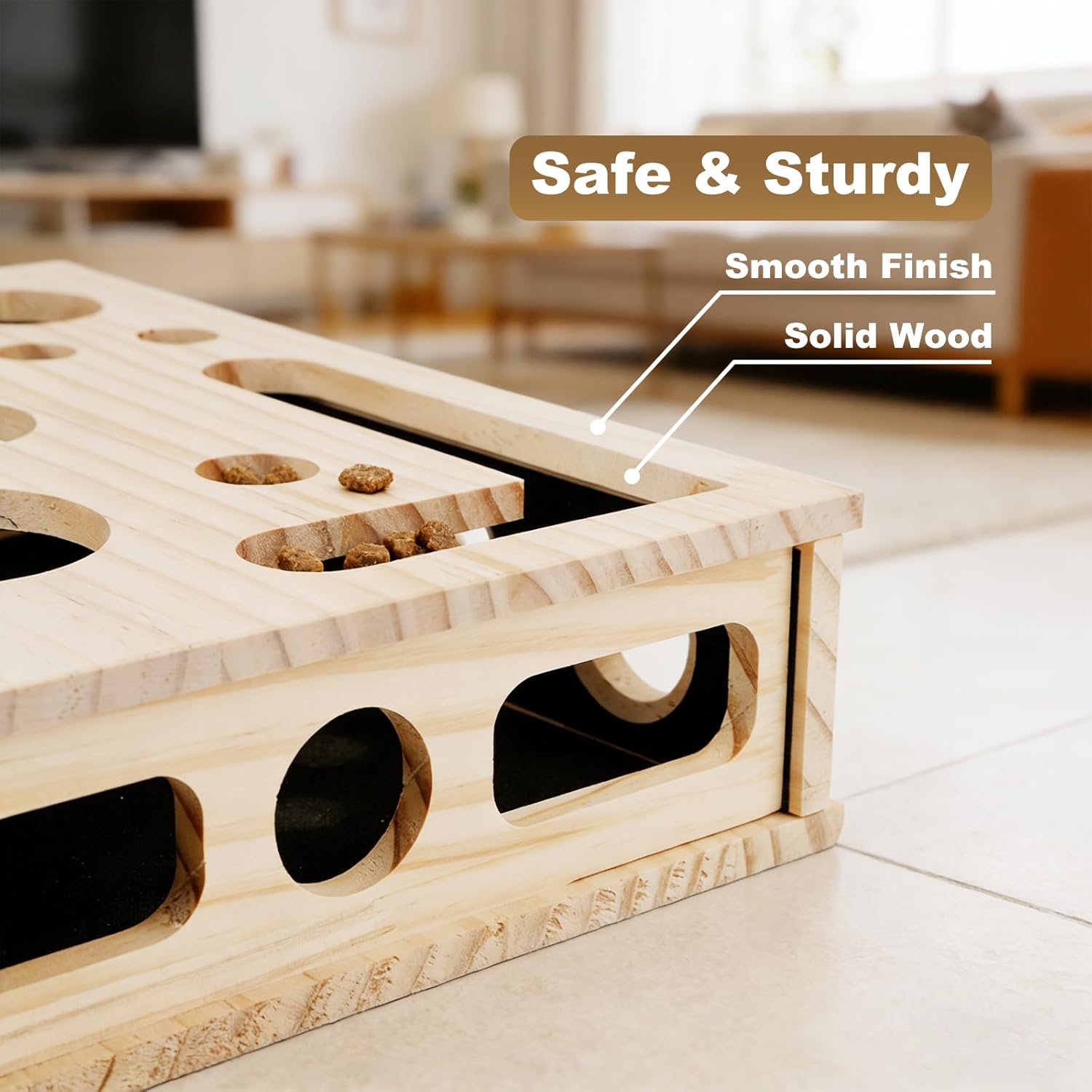 Detalle de Cat Scratch Puzzle Enrichment Box: Interactive Wooden Maze for Indoor Cats (30×25×8cm)