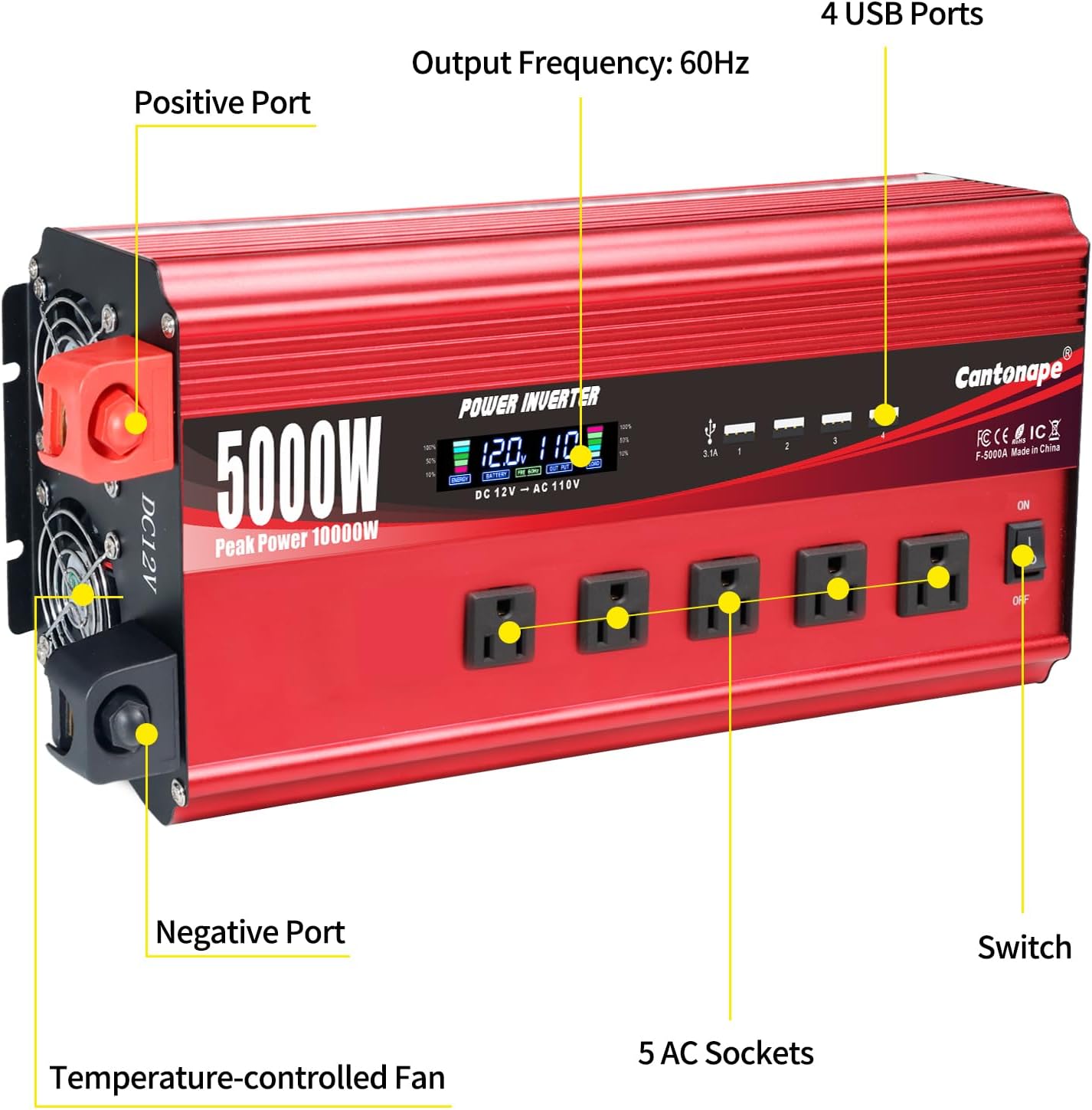 Thumbnail 2 de Cantonape 5000W Power Inverter: 12V DC to 110/120V AC with LCD, Remote, 5 AC Outlets and 4 USB, rugged for vehicles and solar