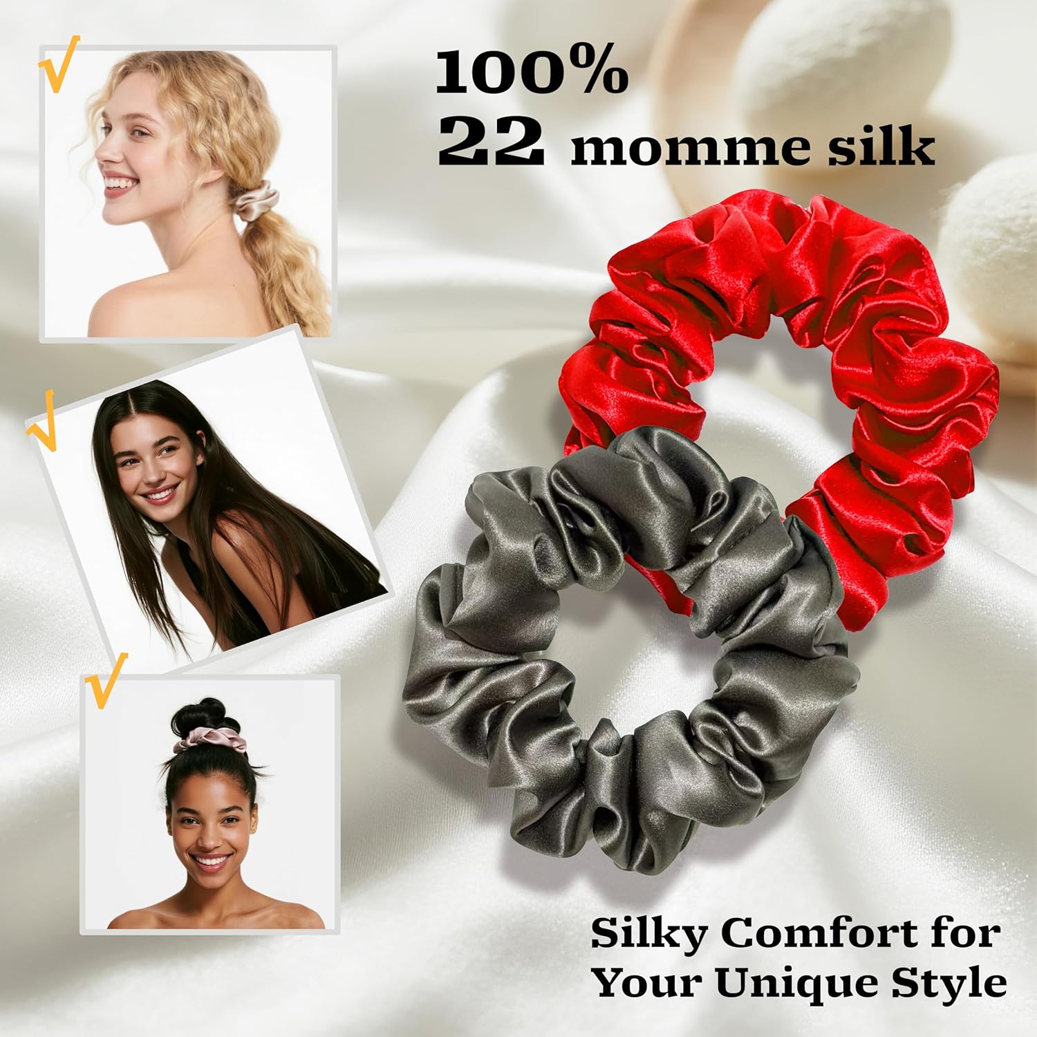 Detalle de Townssilk Seiden Scrunchie 2er-Set – 100% Maulbeerseide (6A, 22 Momme), OEKO-TEX zertifiziert