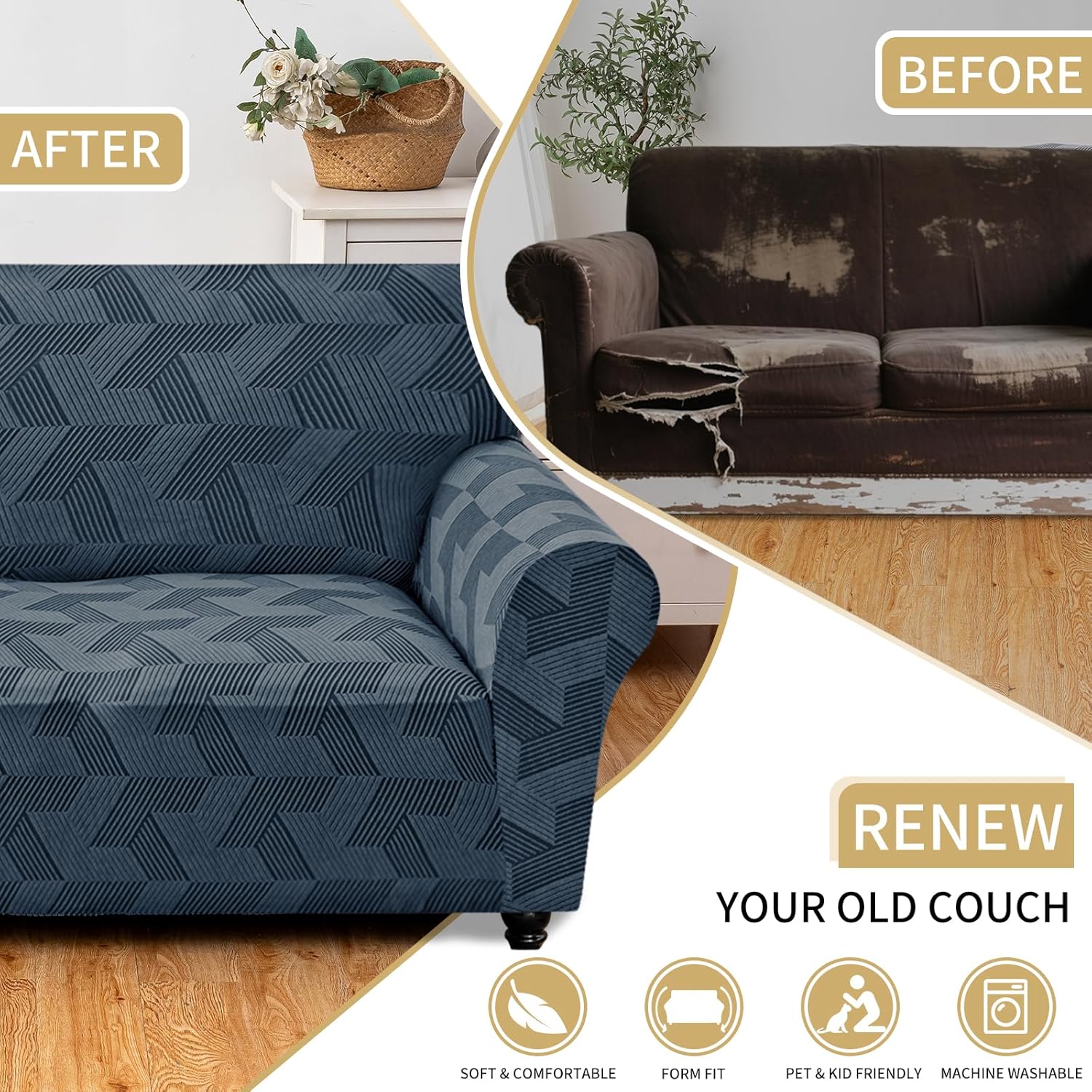 Detalle 1 de JIVINER 3-Cushion Couch Cover, Dark Grey Geometric Jacquard with Elastic Bottom
