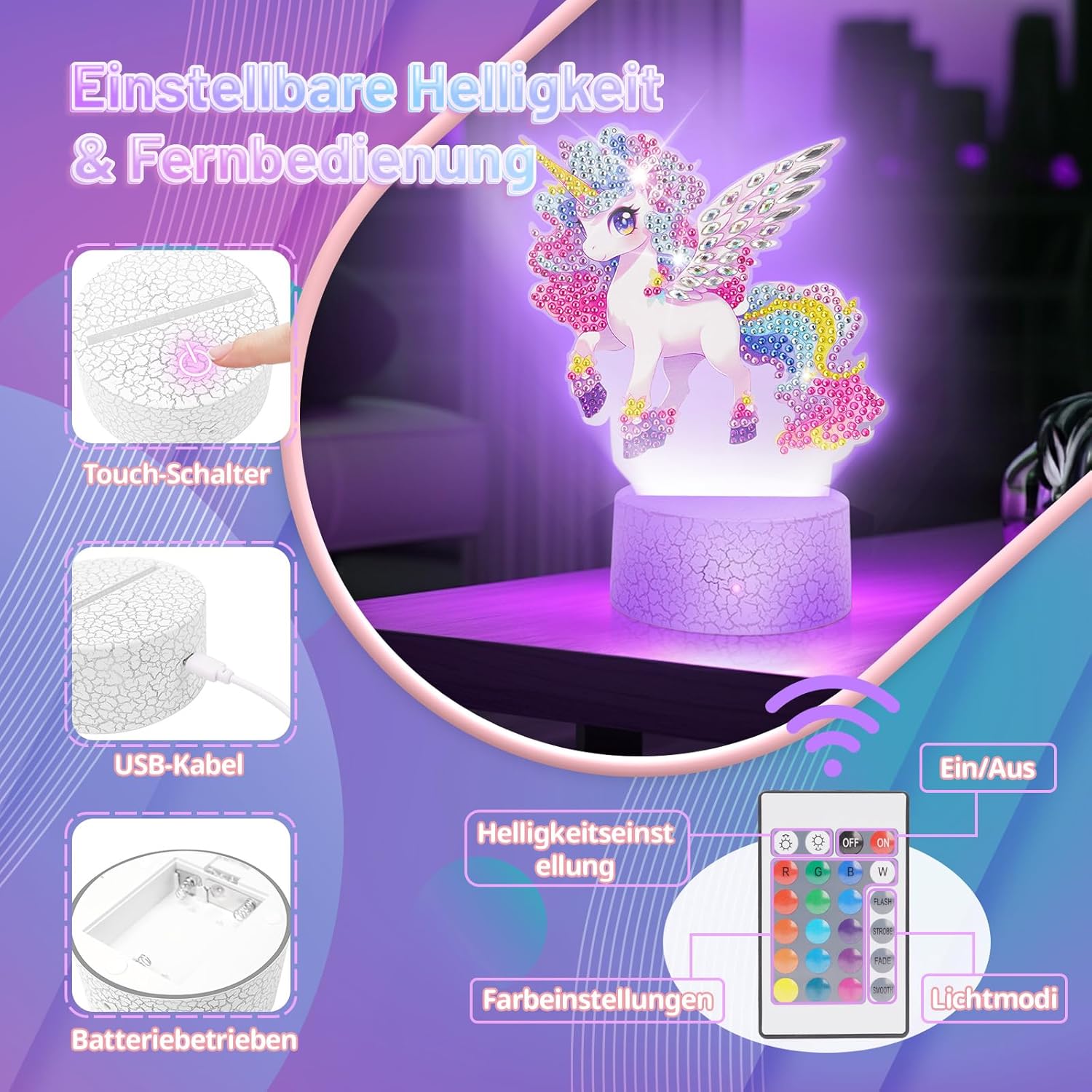 Thumbnail 2 de Einhorn Diamond Painting Nachtlicht 16 Farben