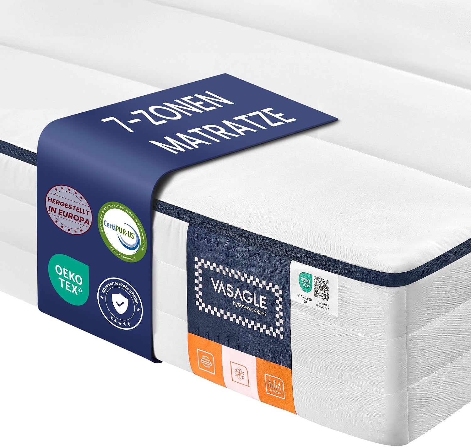 VASAGLE Matratze RMZ112W101 90 x 200 cm – Gel-Memory-Einzelmatratze, 7 Zonen, mittelfest (H3)