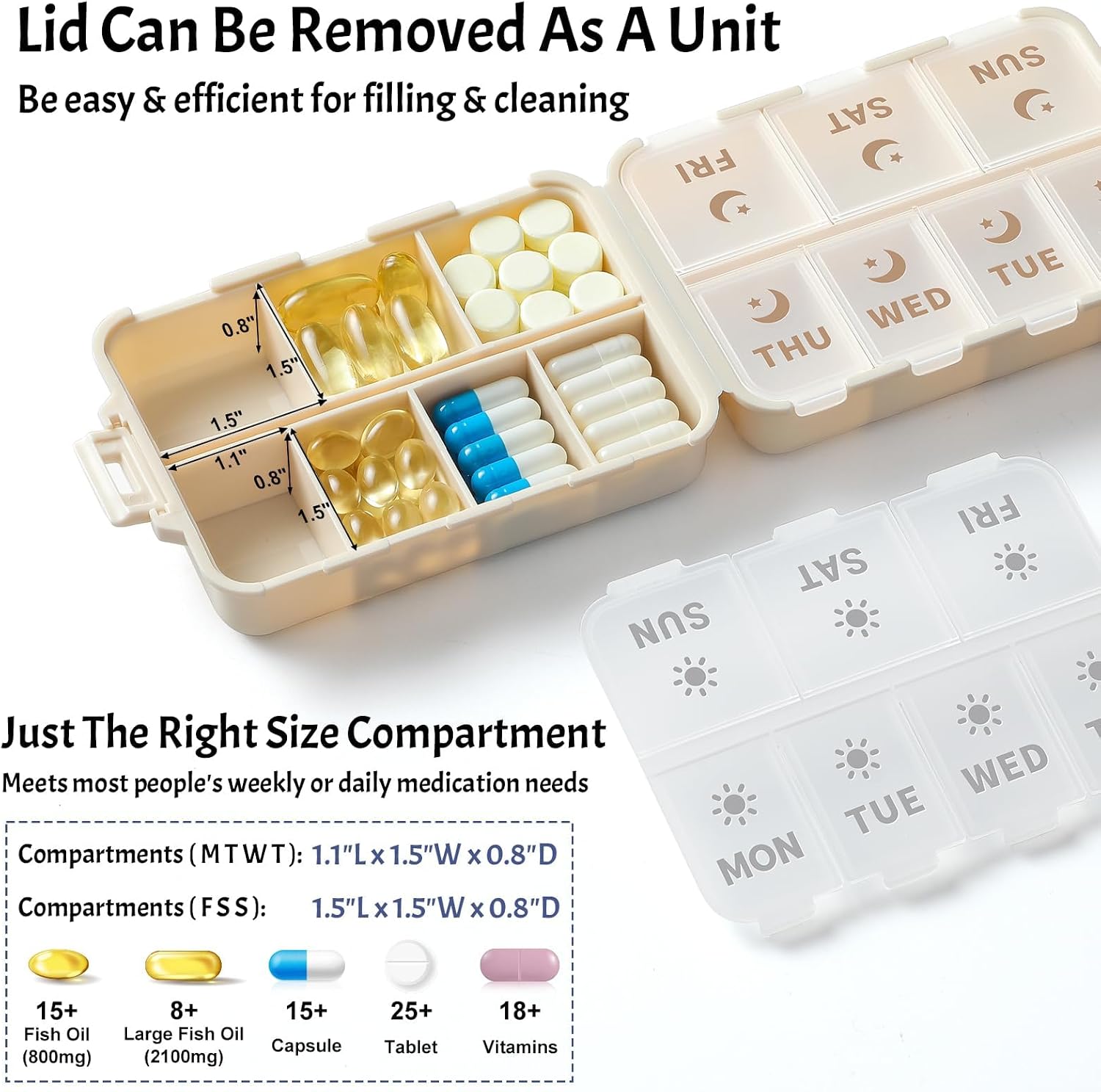 Detalle de NEW Foldable & Double Protection Weekly Pill Organizer with Etched Labels (Khaki)