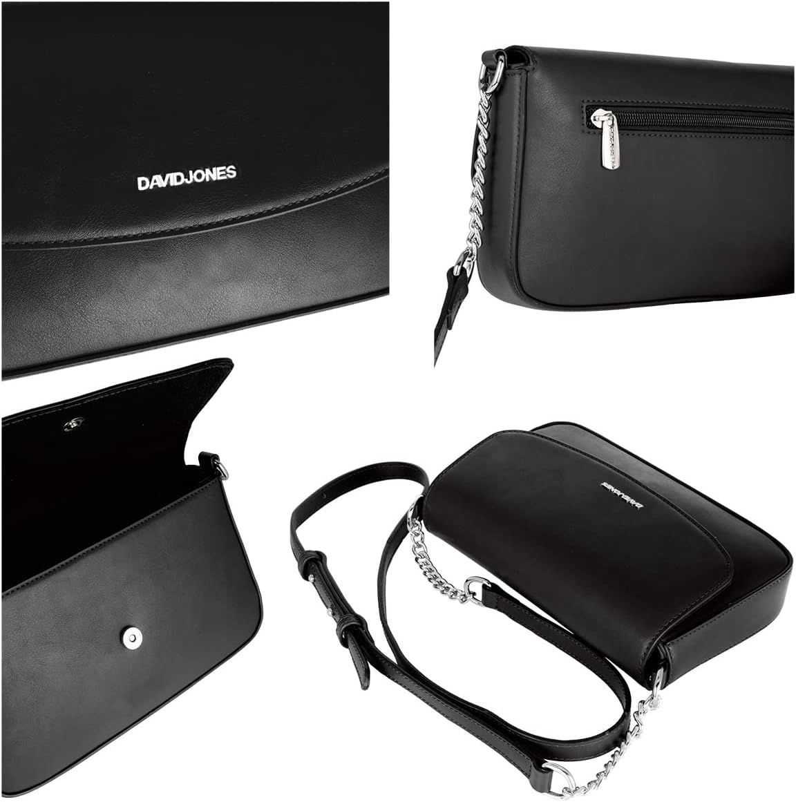 Thumbnail 4 de David Jones Damen Umhängetasche klein (Crossbody) – rechteckig mit Kettenband, PU-Leder-Optik, Schwarz