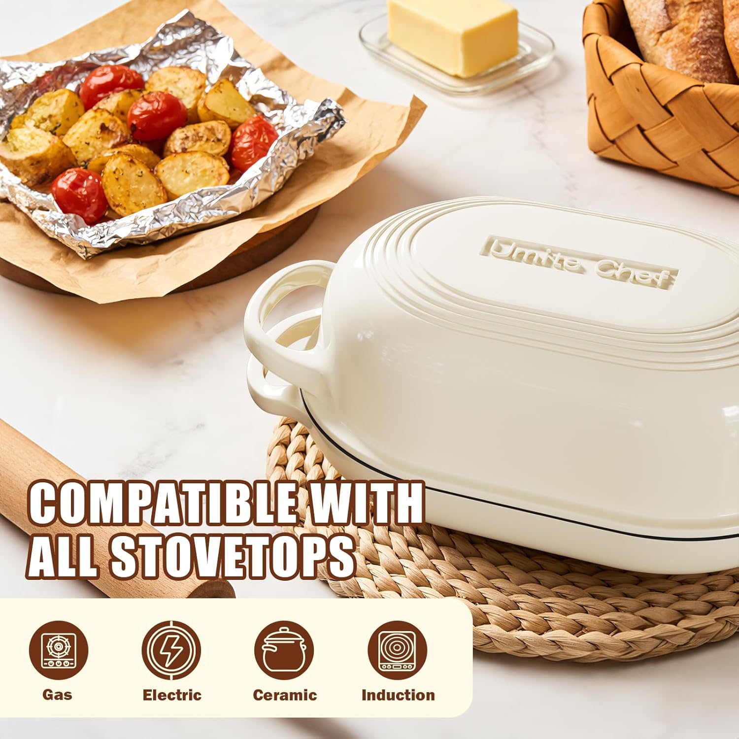 Thumbnail 5 de Enameled Cast Iron Dutch Oven Bread Baking Kit (5QT) with Sourdough Tools, Banneton & Lame (Cream White)