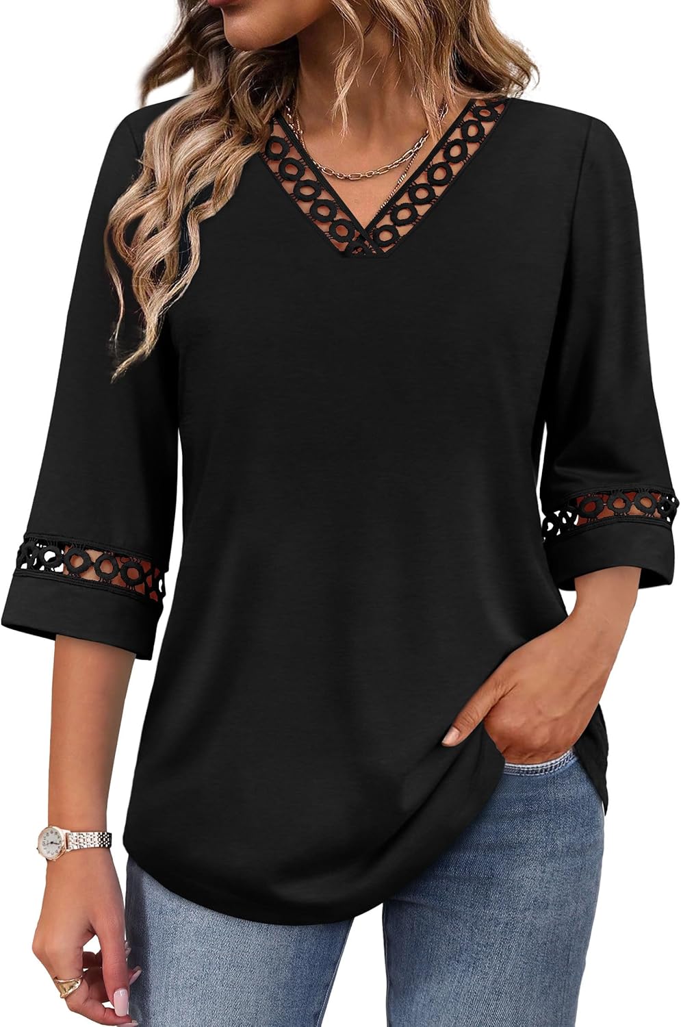Detalle de WIHOLL Women's Eyelet Lace V-Neck 3/4 Bell Sleeve Blouse – Dressy Casual Work Top