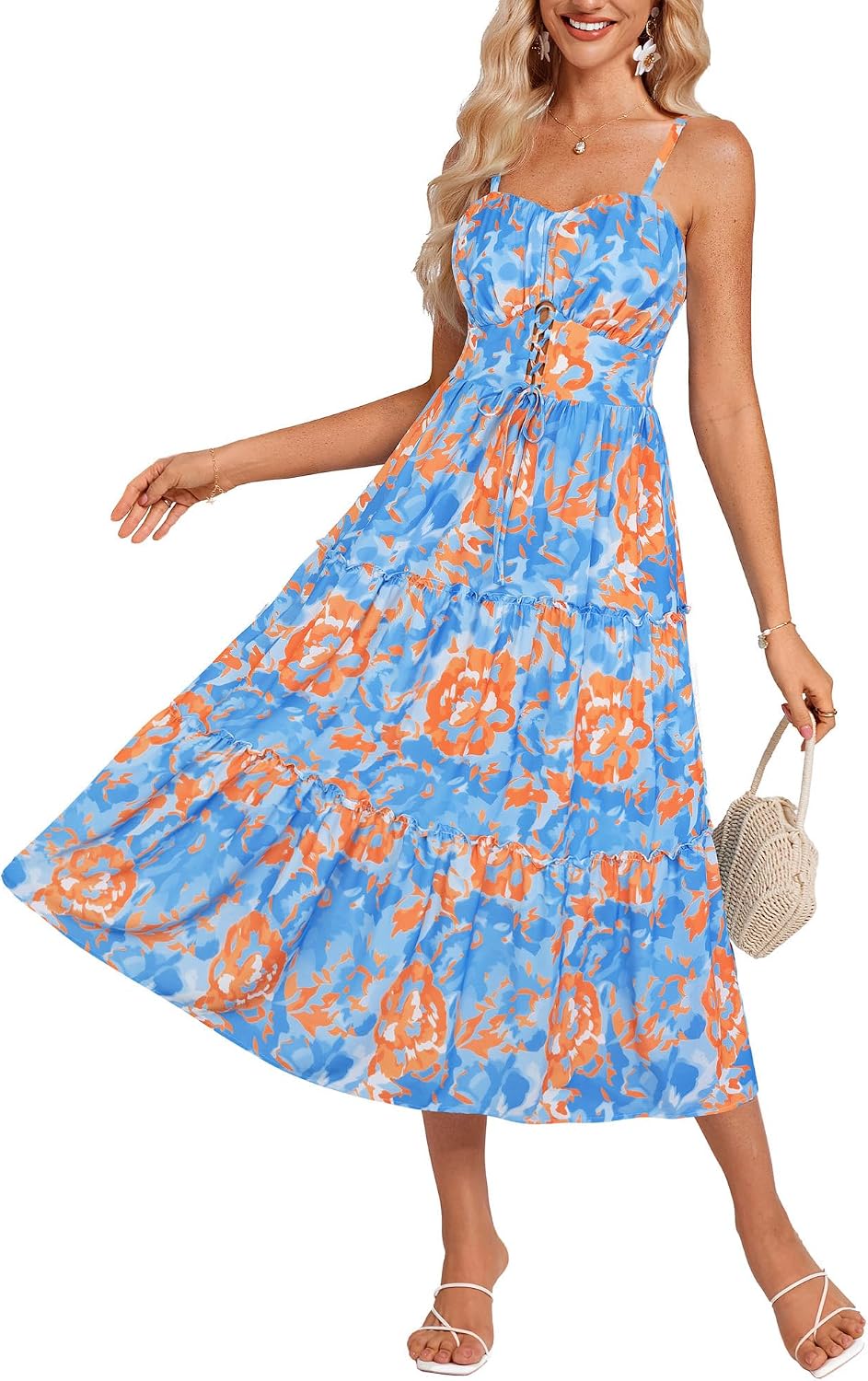Detalle de GRACE KARIN Robe d'été pour Femme – robe florale A-Line à bretelles avec poches