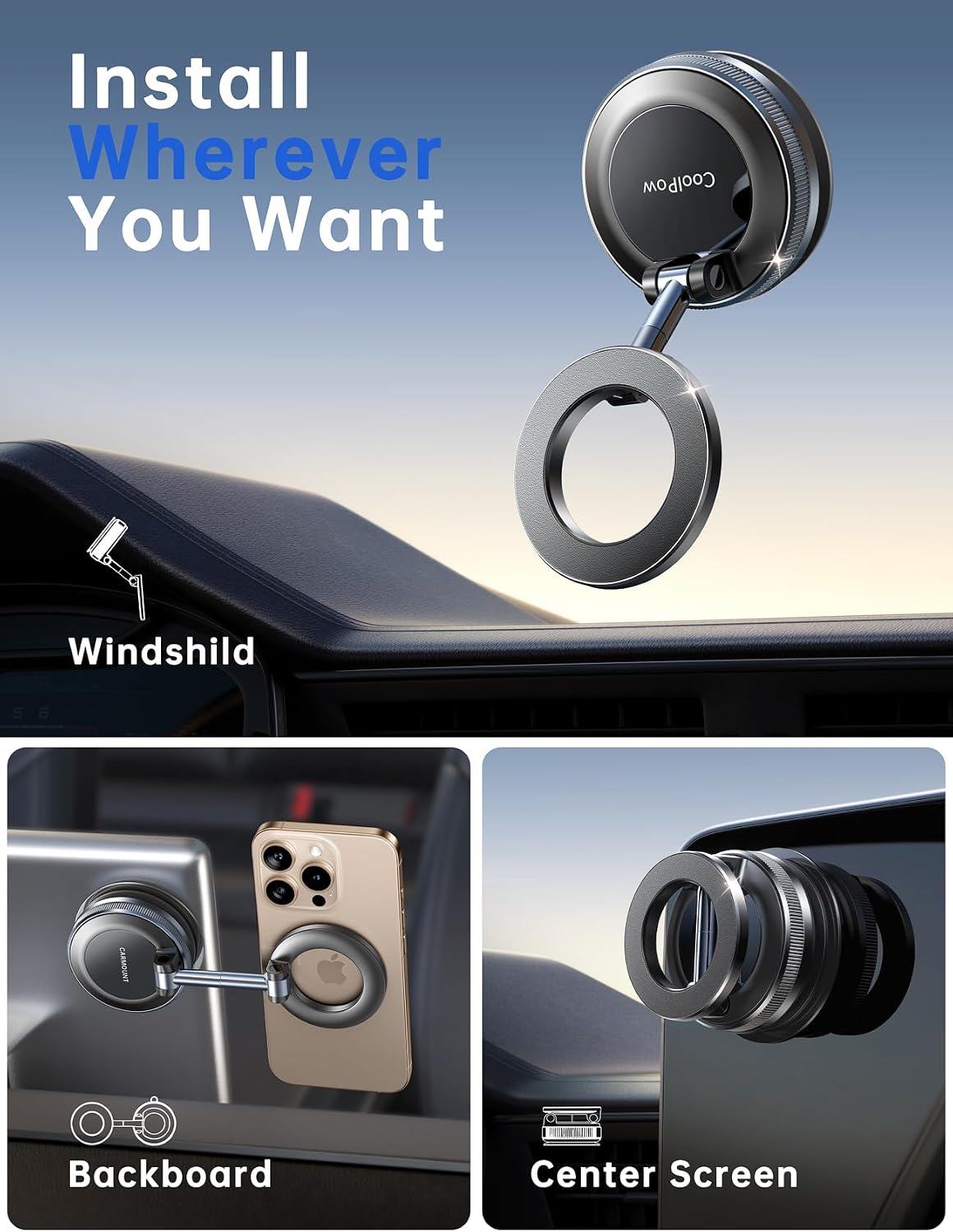 Detalle 2 de Coolpow Magnetic Car Phone Mount with Vacuum Suction