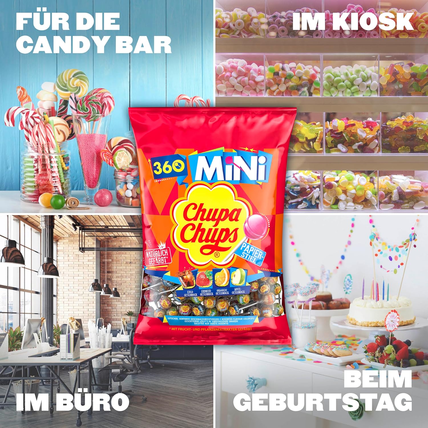 Detalle de Chupa Chups Mini Classic Lutscher-Beutel – 360 Mini-Lollis in 4 Sorten (Cola, Orange, Erdbeere, Apfel)