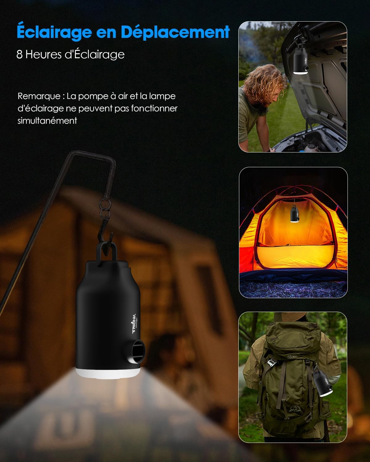 Thumbnail 5 de TRILINK Pompe à air électrique mini portable pour matelas et lits gonflables (rechargeable, LED, 5 buses)