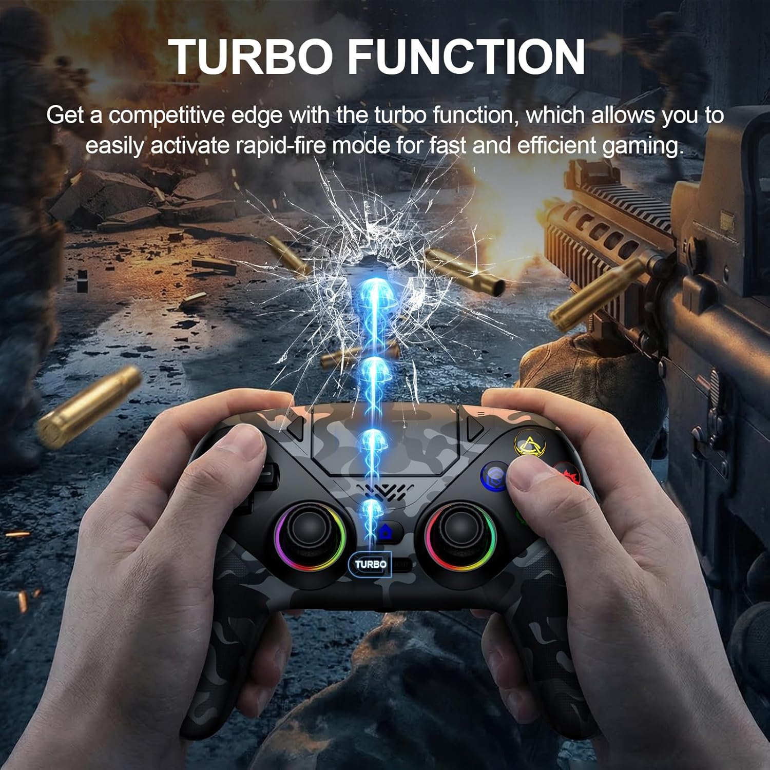 Detalle 2 de Nonbliep Wireless Controller for PS5 & PC (RGB Light, Dual Vibration, Turbo, 3.5mm Audio)