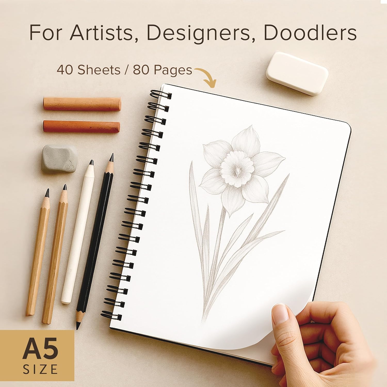 Detalle de Artist’s Sketchbook Hardcover – 200GSM, Large Spiral Sketch Book (40 Sheets/80 Pages)