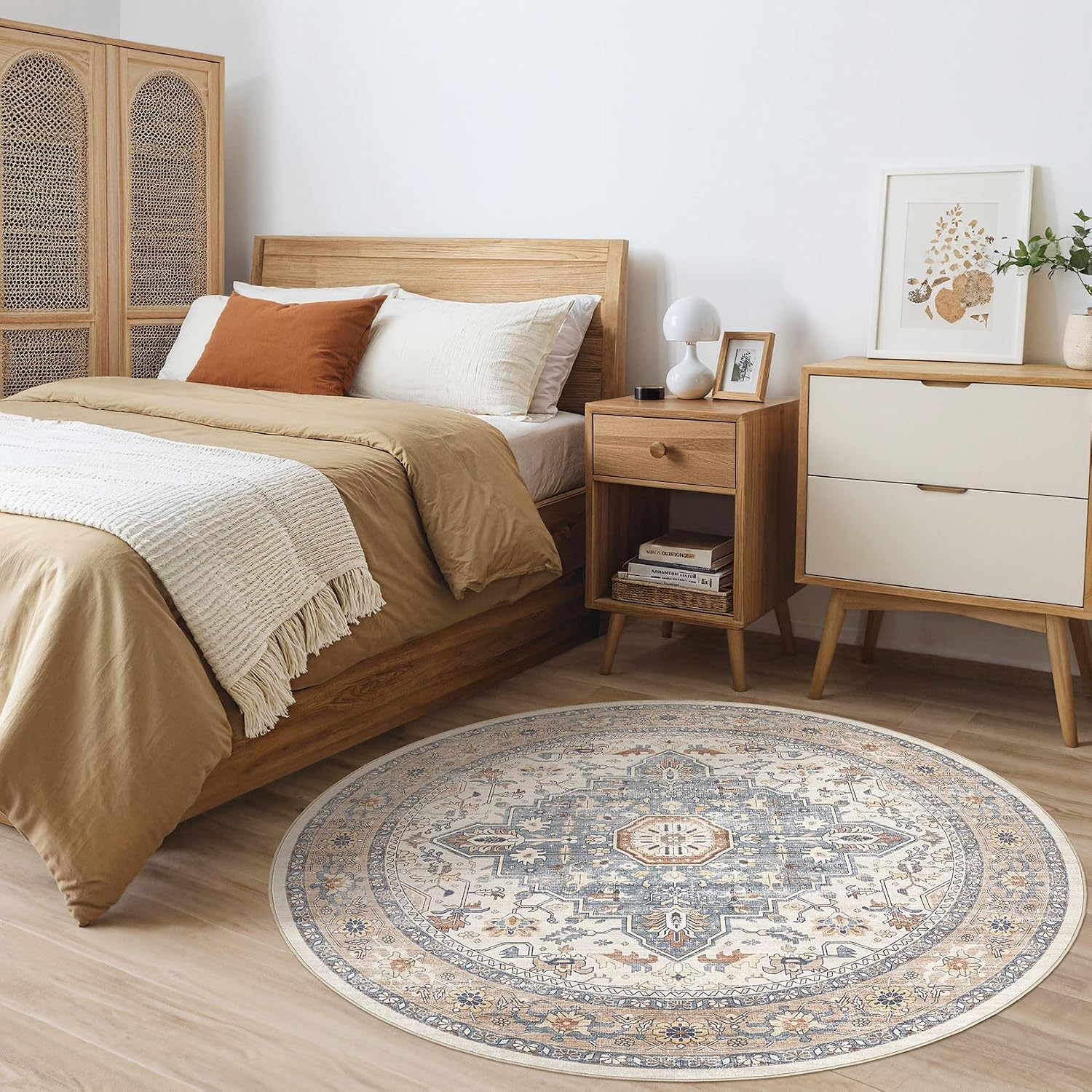 Thumbnail 3 de Round Rug Living Room Rugs: 6Ft Washable Boho Neutral Circle — 0.25" Pile with Rubber Backing