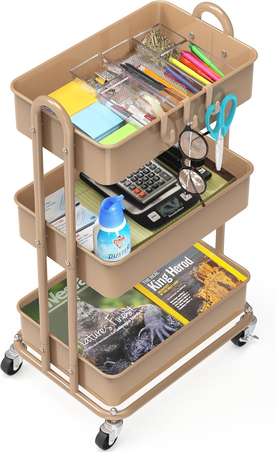 Detalle 2 de Simple Houseware CB-10C-I 3-Tier Metal Rolling Utility Cart, Khaki