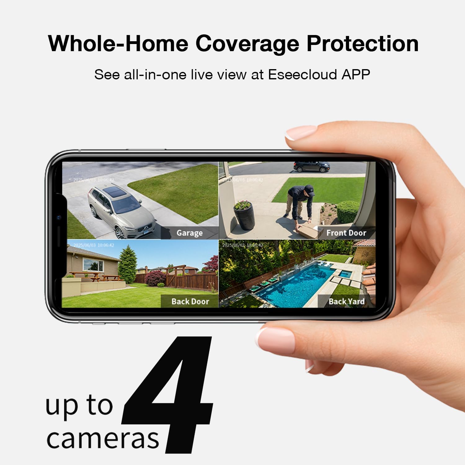 Detalle 1 de ELYSOO JA-D300 4-Camera Security System, 2K/4MP, Solar, 64GB Storage