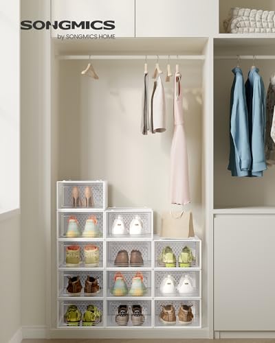 Detalle de SONGMICS Cajas de Zapatos: Organizador de Plástico, Plegable y Apilable (12 uds, Talla 43) - Transparente y Blanco Nube