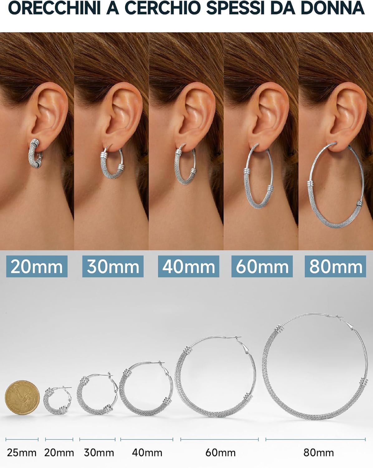 Thumbnail 6 de PROSTEEL Orecchini Cerchio a Maglia Metallica 20-80mm