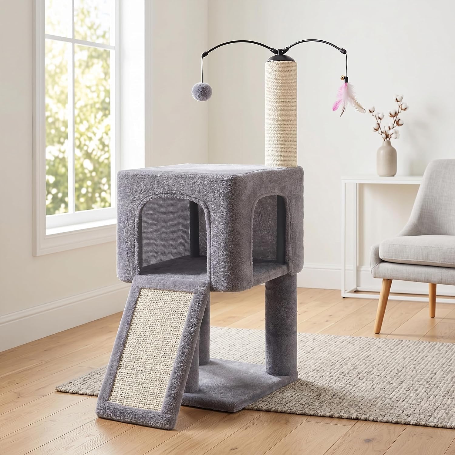Detalle de Roypet 123 Cat Tree, 32-Inch Gray Condo with Sisal Post, Ramp and Toys