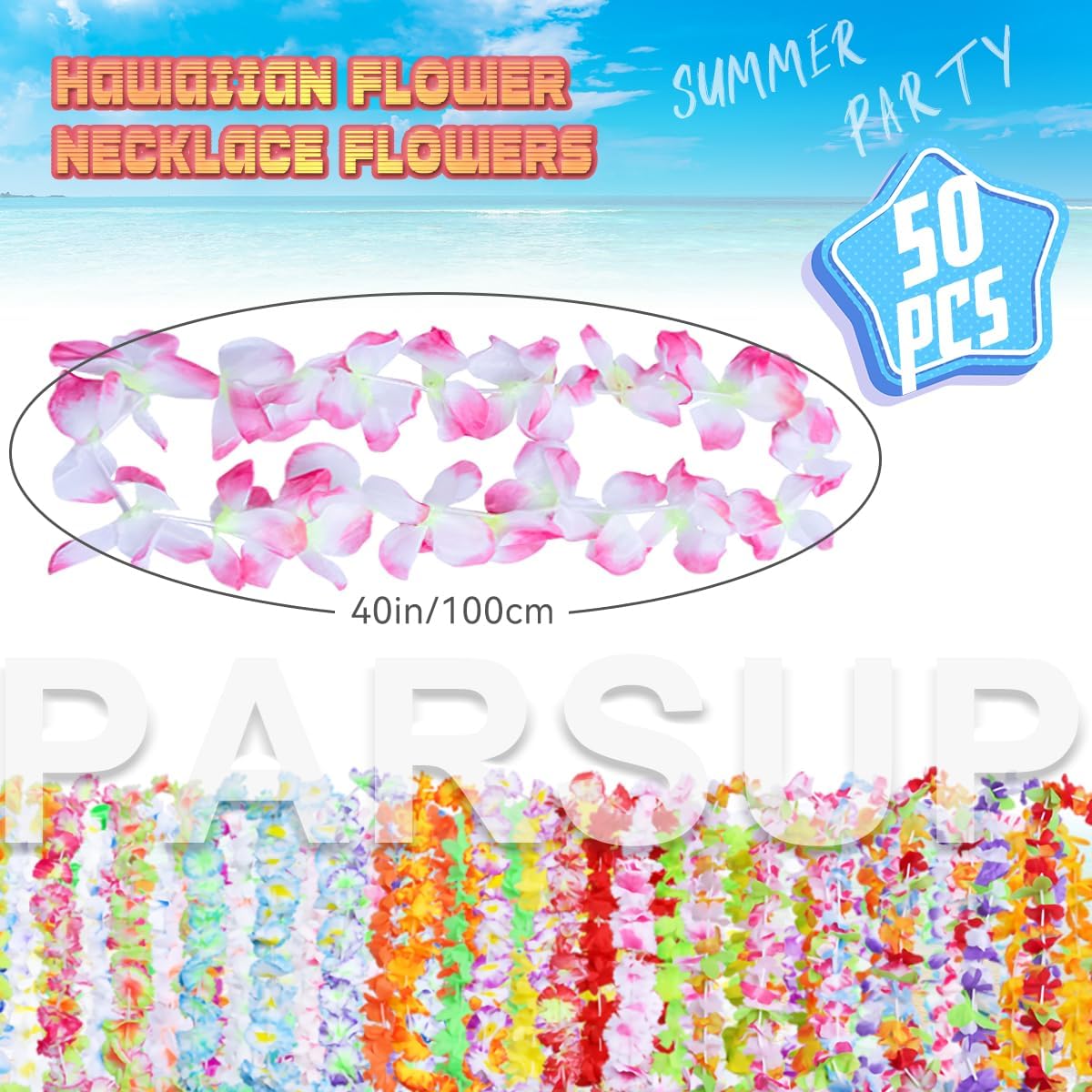 Detalle de 50 Styles Hawaiian Luau Flower Leis Bulk Necklace Set (Artificial Flower & Leaf) for Tropical Parties