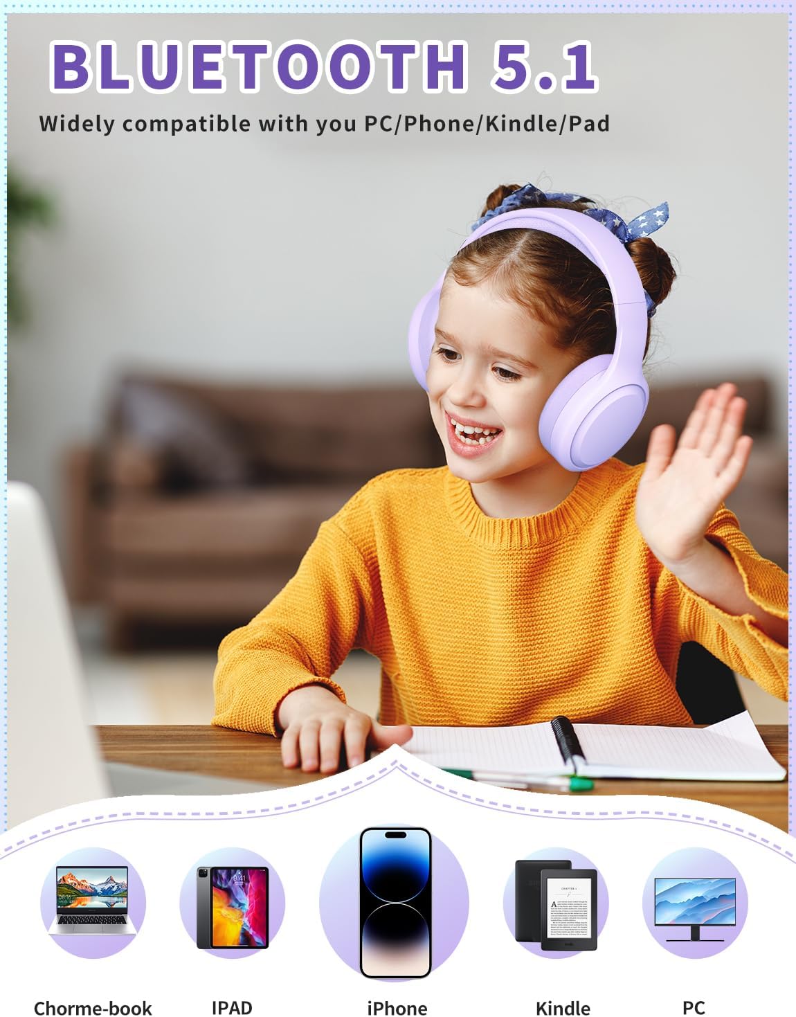 Thumbnail 5 de Xunpuls Kinder-Bluetooth-Kopfhörer (faltbar) mit Mikrofon – bis zu 10 Stunden Spielzeit, 2-in-1 kabellos & 3,5-mm-Kabel (lila)