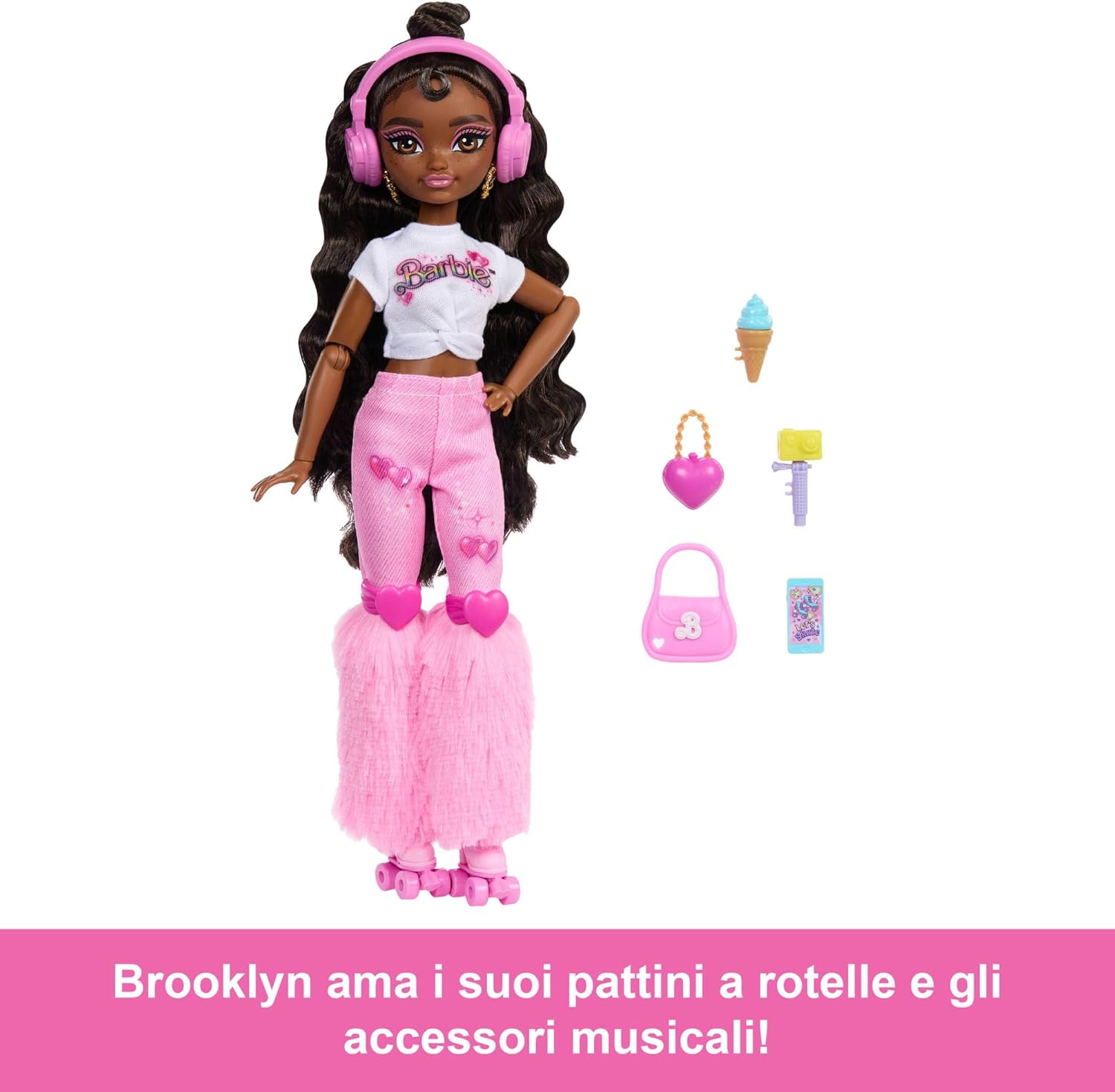 Thumbnail 1 de Barbie Dream Besties Brooklyn (JFX97), bambola articolata con pattini a rotelle e 9 accessori a tema musica e video