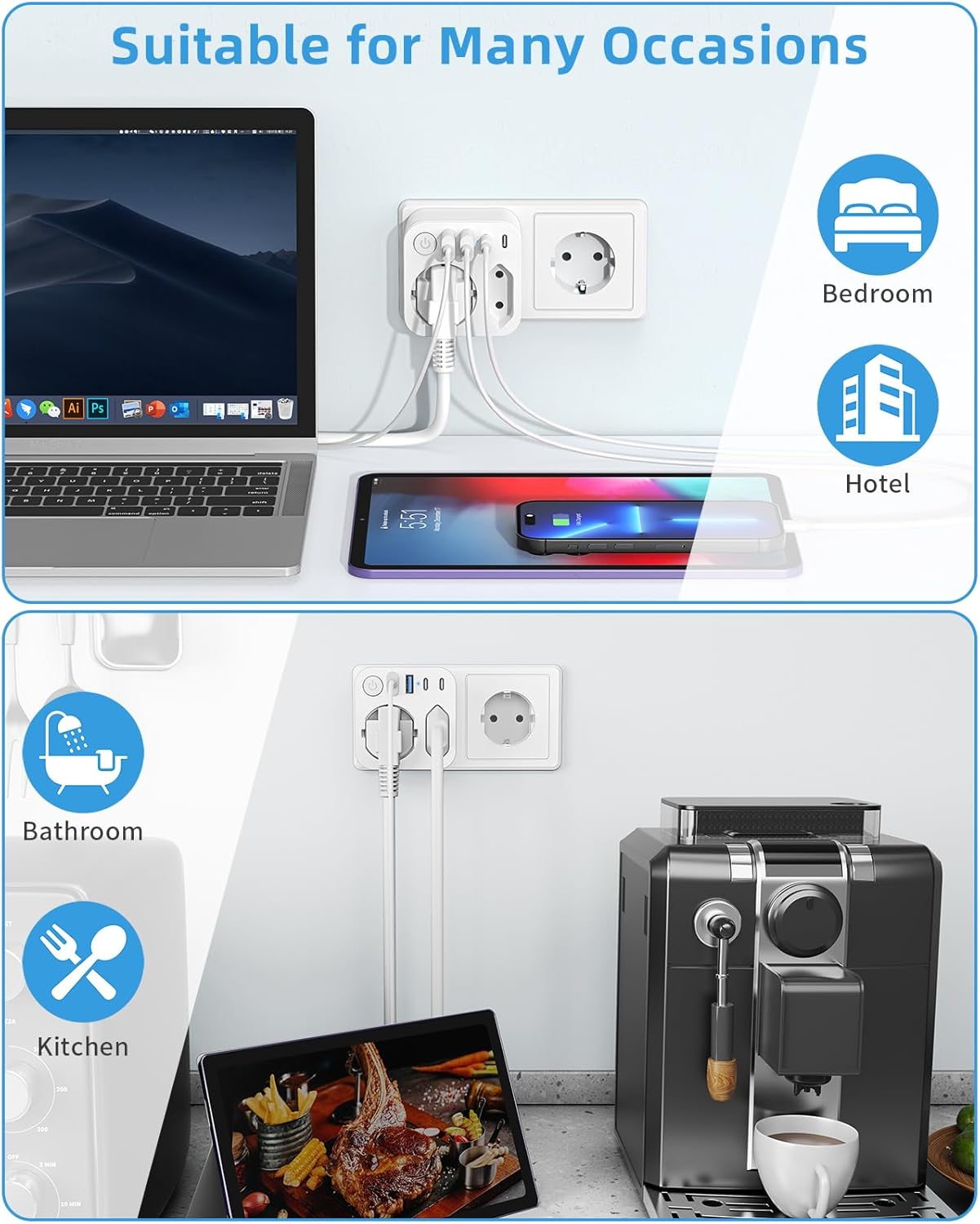 Detalle de SUDEERY Steckdosenleiste mit USB (2 Typ-C) – 2-fach Mehrfachstecker, 6-in-1, Weiß