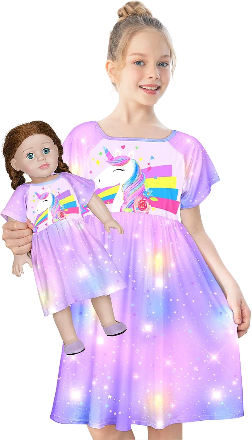 Detalle de Play Tailor Matching Unicorn Nightgown Set for Girls and 18-Inch Dolls