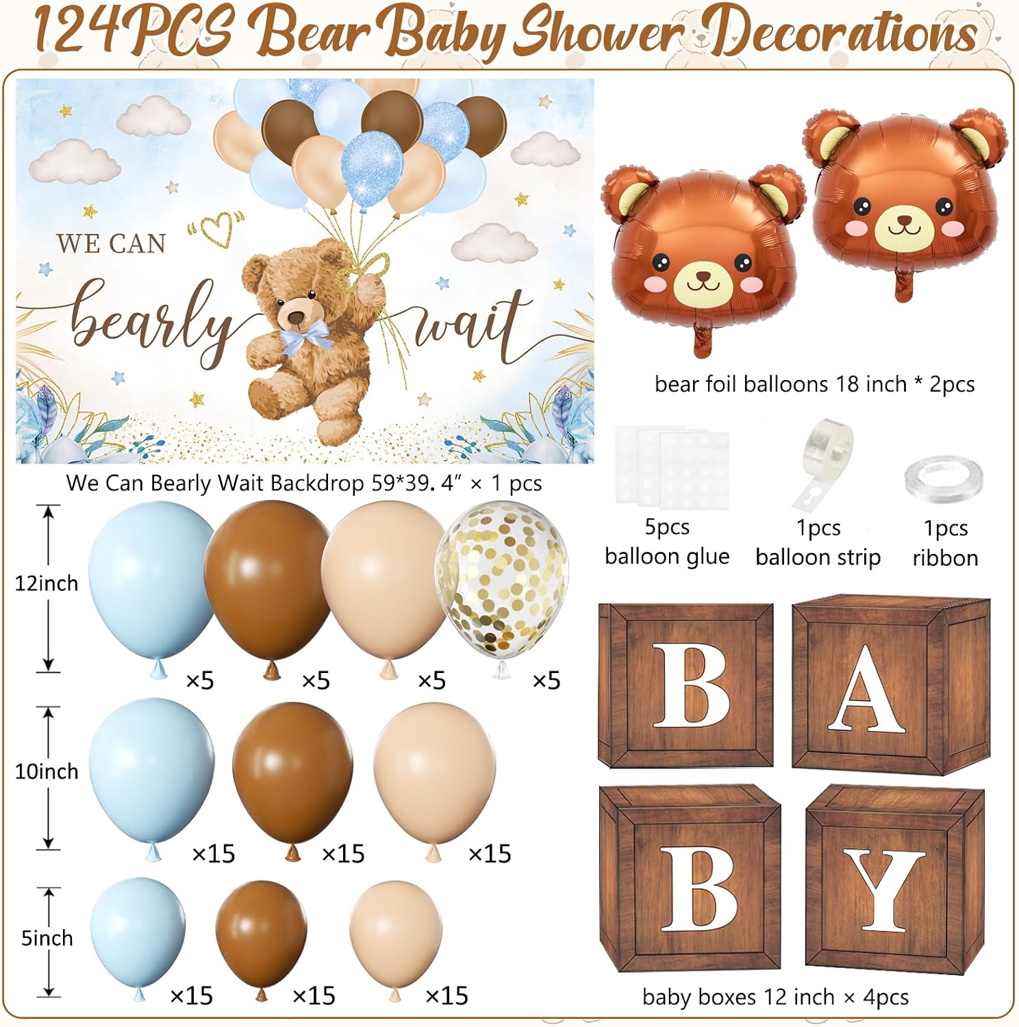 Thumbnail 1 de Blue Bear Baby Shower Decorations for Boy (124pcs) — “We Can Bearly Wait” Backdrop, Balloon Set & Wood Grain Baby Boxes