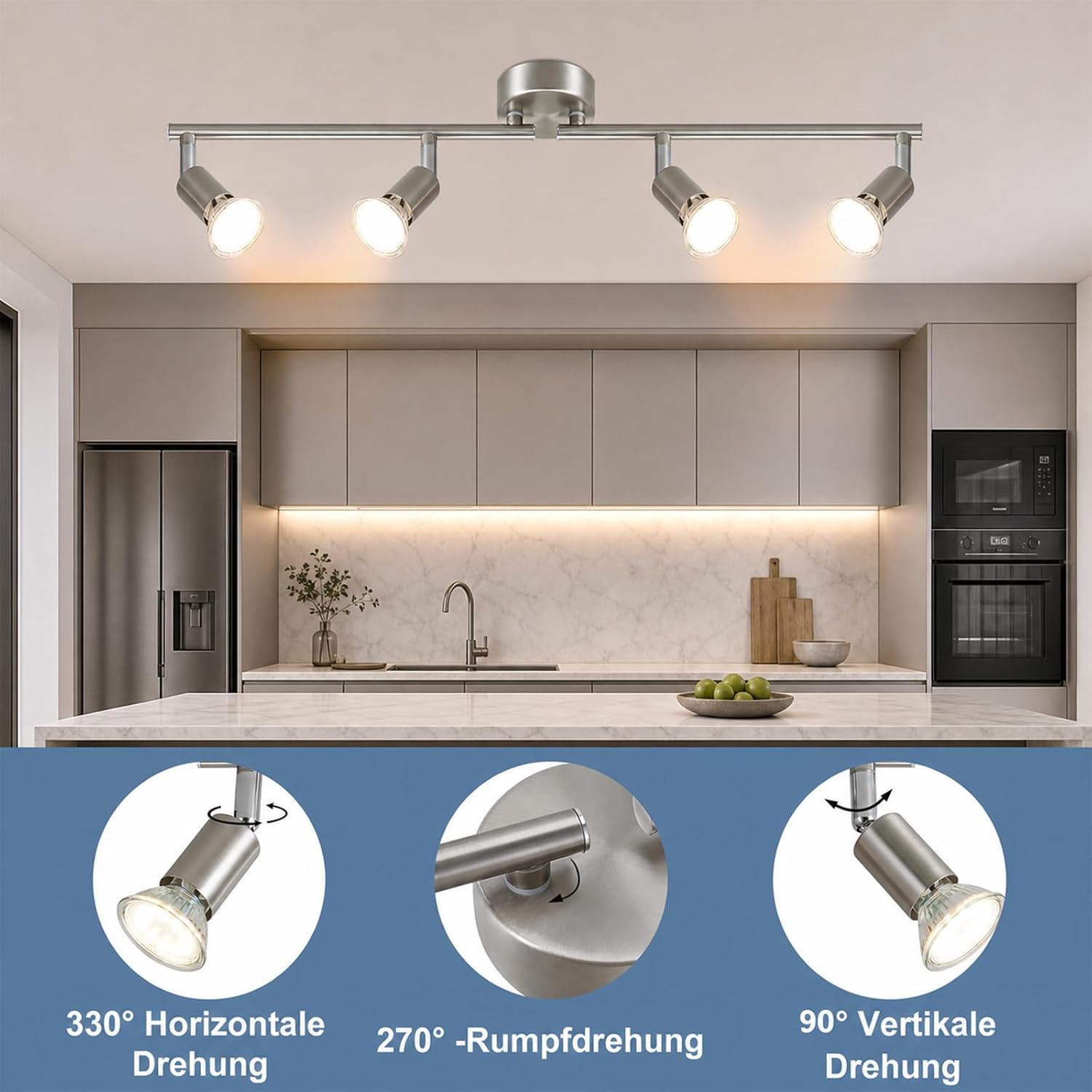 Detalle de Glitzerlife LED Deckenstrahler 4-flammig – Deckenleuchte mit schwenkbarem Kopf, GU10-kompatibel (Ohne Leuchtmittel)