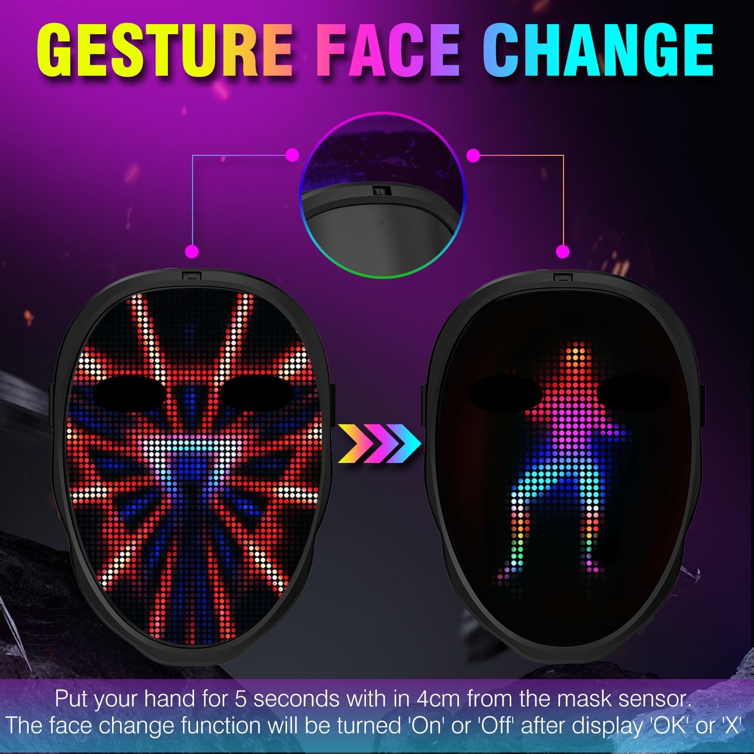 Detalle 2 de megoo LED Mask with Bluetooth – customisable programmable light-up mask for DJ, rave, cosplay & parties