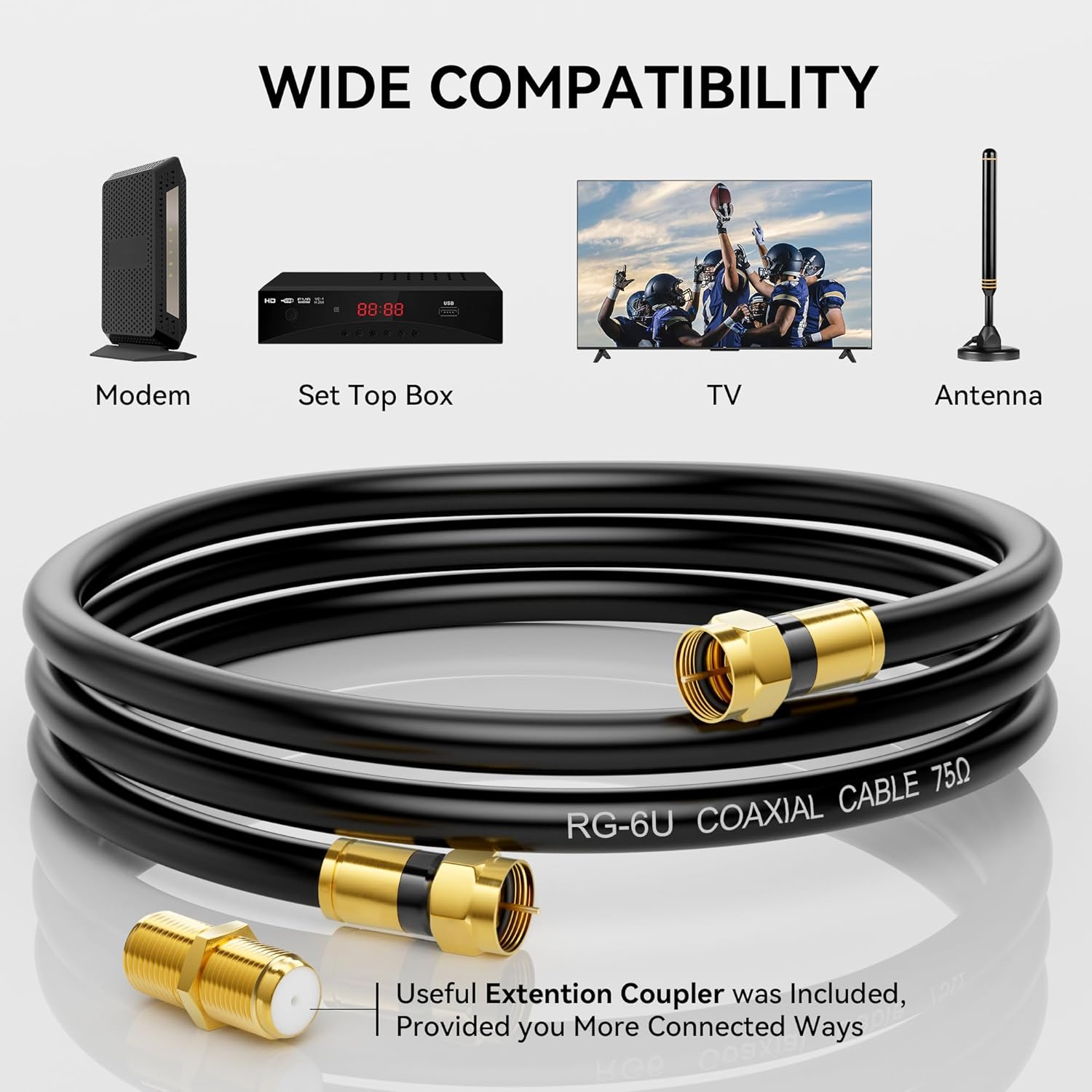 Detalle de Nixsto RG6 Coaxial Cable with Gold F-Type Connectors (Various Lengths)