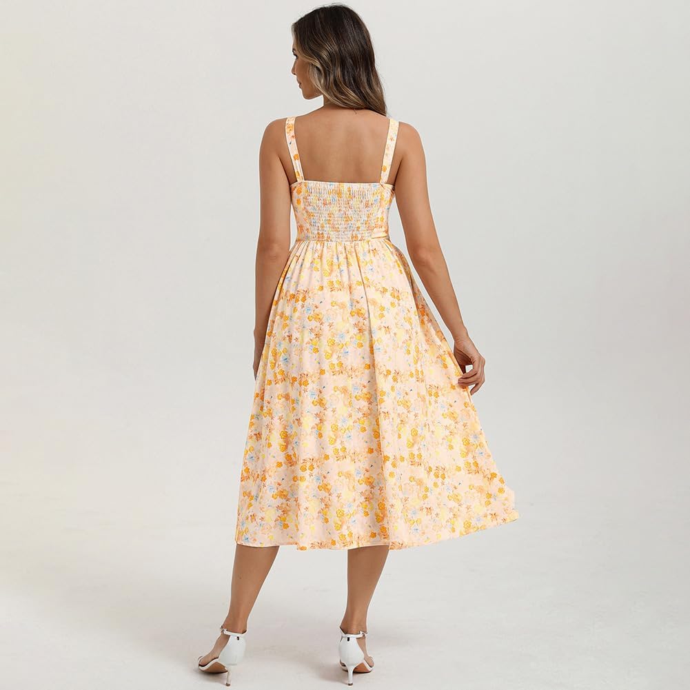 Detalle 2 de Belle Poque Robe longue à fleurs pour femme – Nœud avant, Dos froncé, Bretelles spaghetti