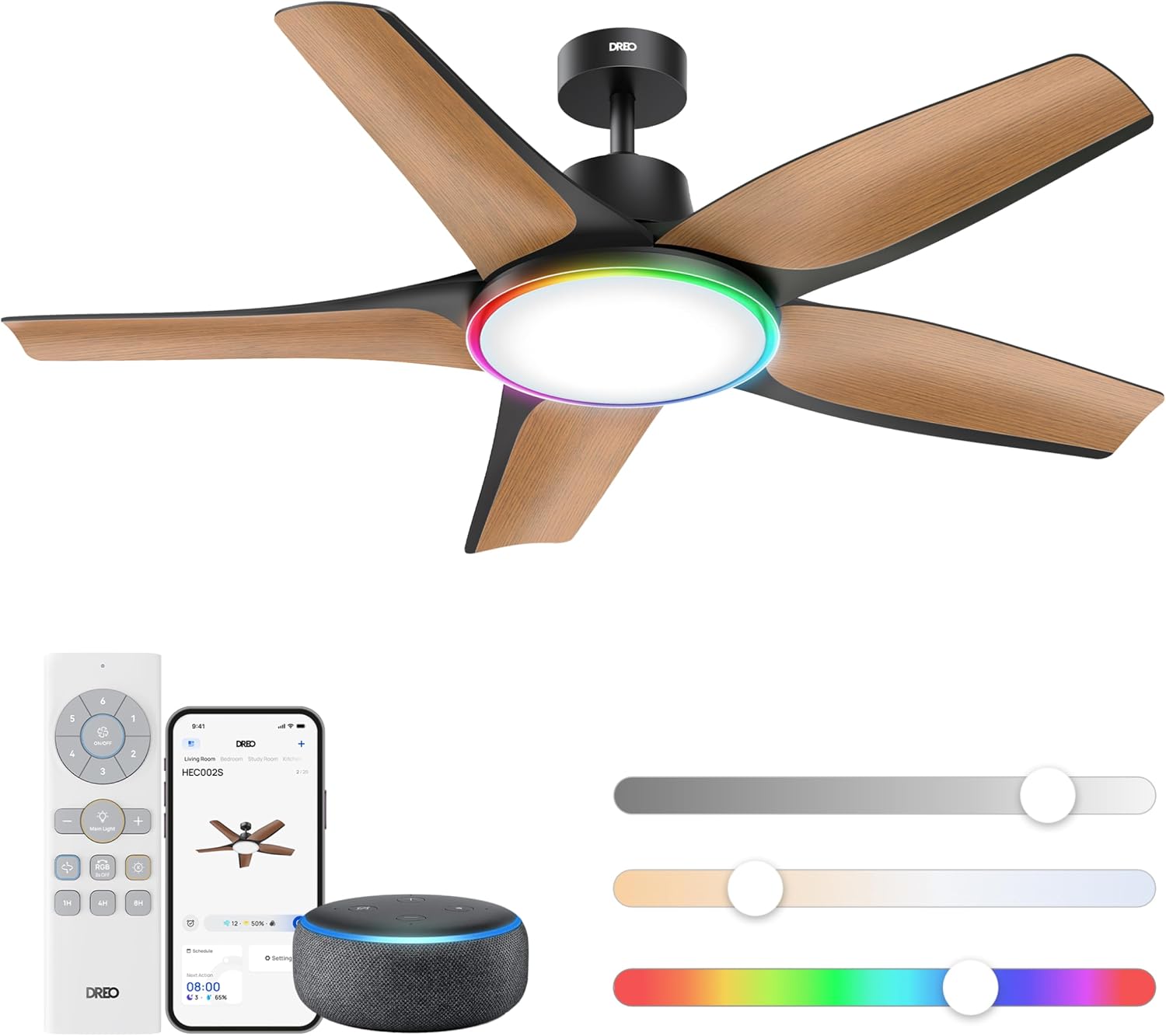 Detalle de DREO Smart Ceiling Fan with Lights (Low Profile, 52in) with Alexa/App Control, Dimmable RGB Ambiance, Black