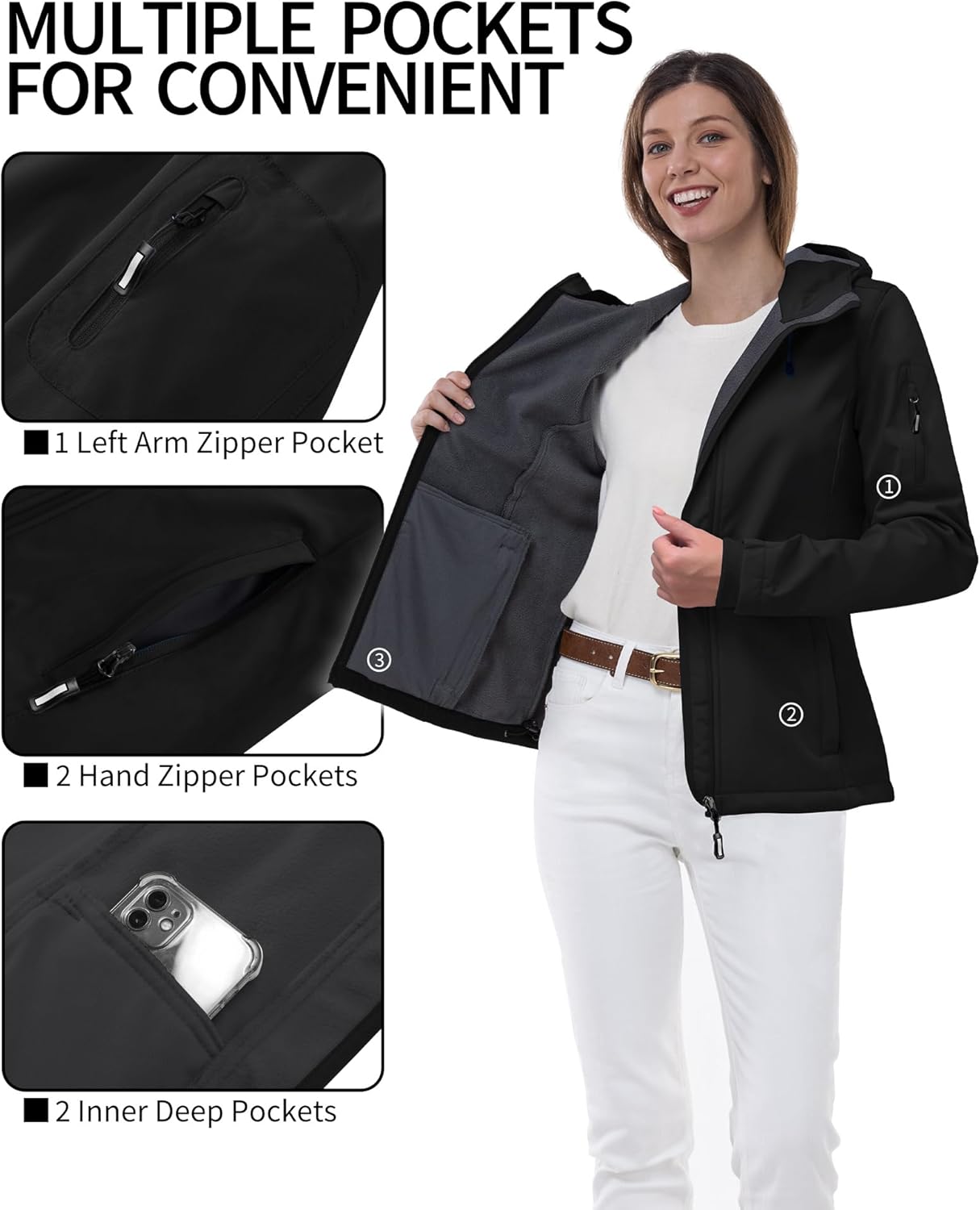 Detalle 2 de Outdoor Ventures Damen Softshelljacke: Wasserdichte, atmungsaktive Übergangsjacke mit Kapuze