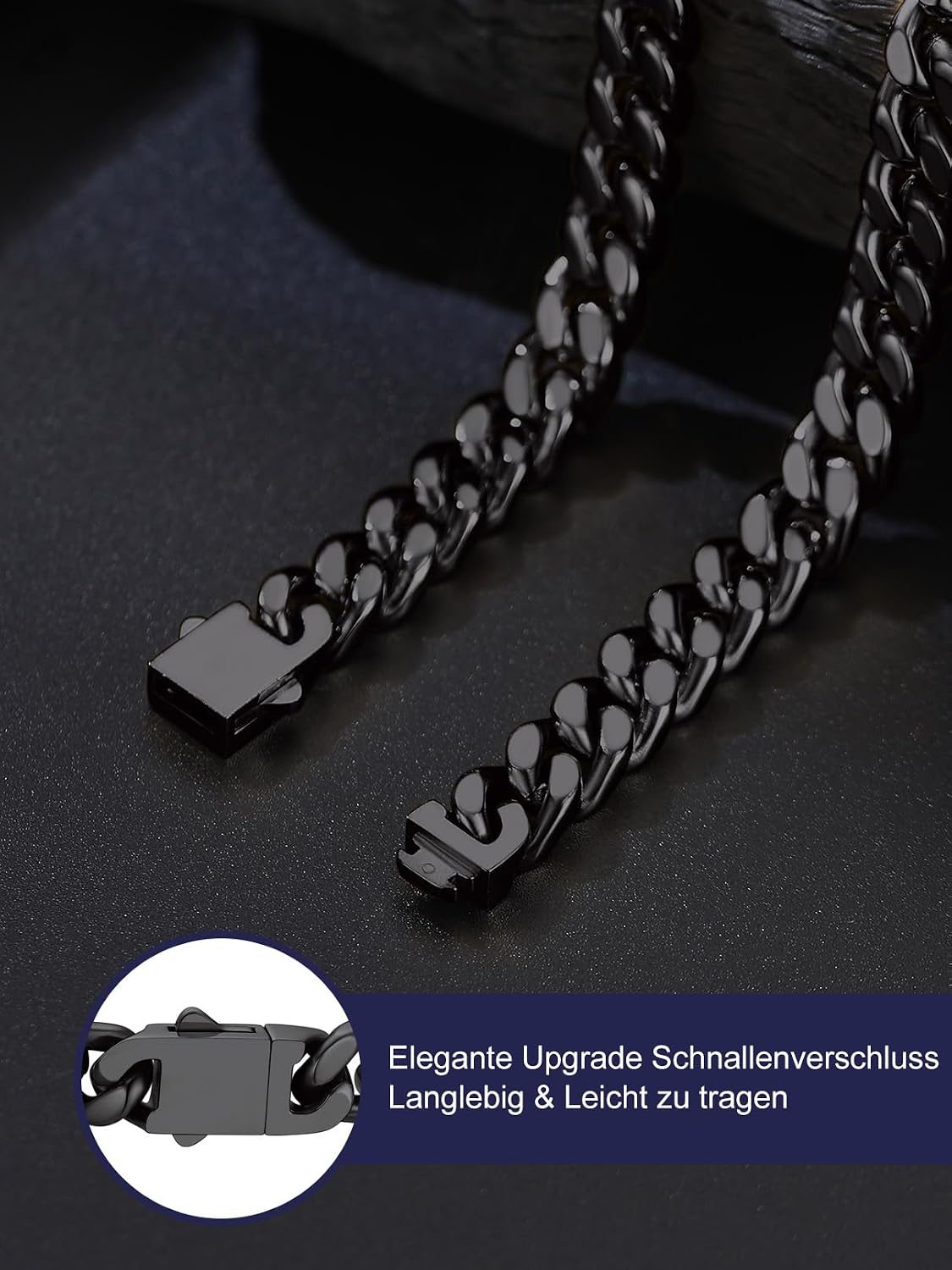 Detalle de Bandmax Panzerkette Herren aus Edelstahl (316L) 5/7/9/12 mm – kubanische Gliederkette schwarz mit auswahlbarer Länge