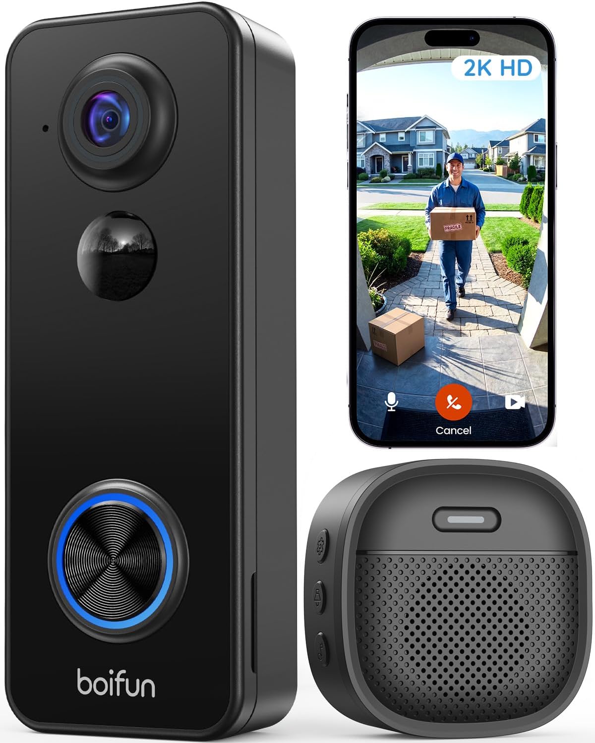 BOIFUN 2K Videocitofono WiFi Senza Fili da Esterno con AI, 180° Panoramico e Audio Bidirezionale